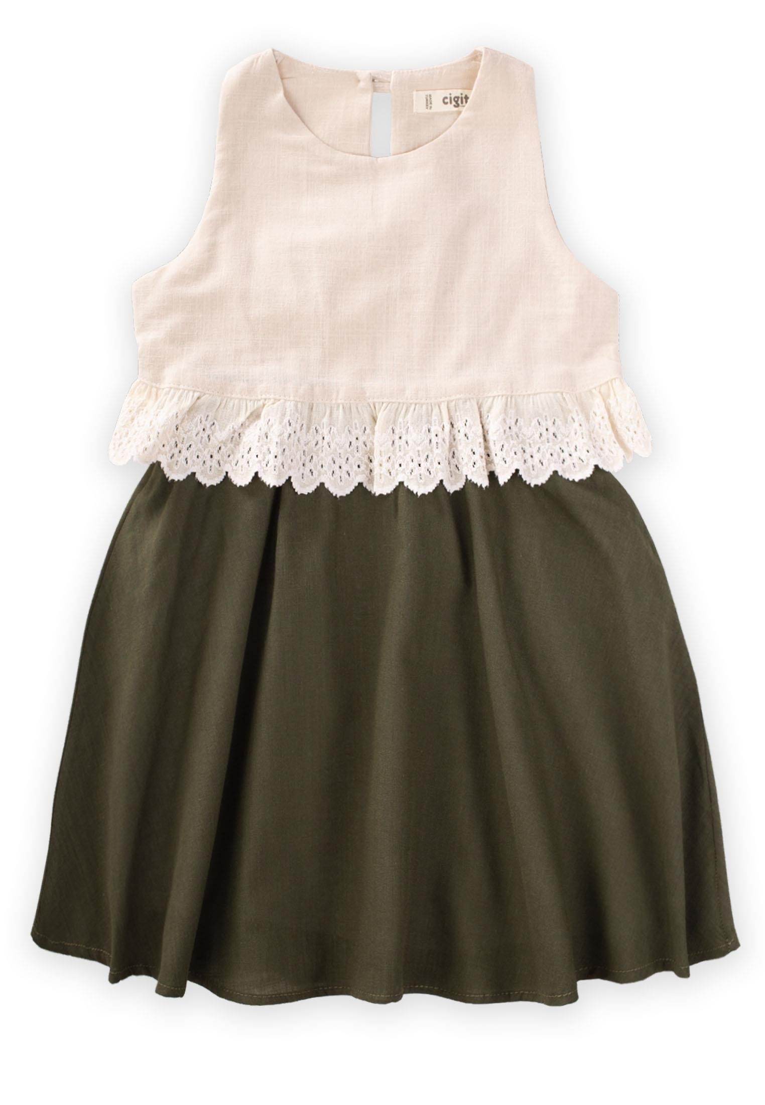 Cigitİki Renkli Beli Dantelli Elbise 2-7 Yaş EKRU