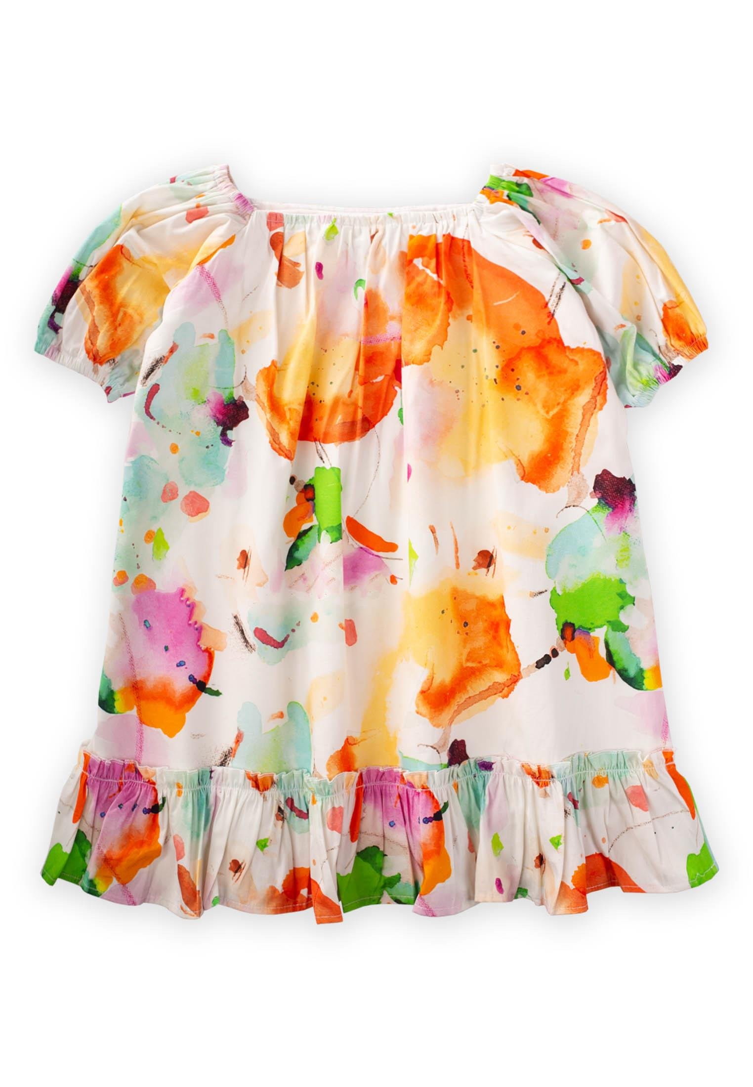 CigitYaka Kol Lastikli Poplin Elbise 2-7 Yaş EKRU DESENLİ