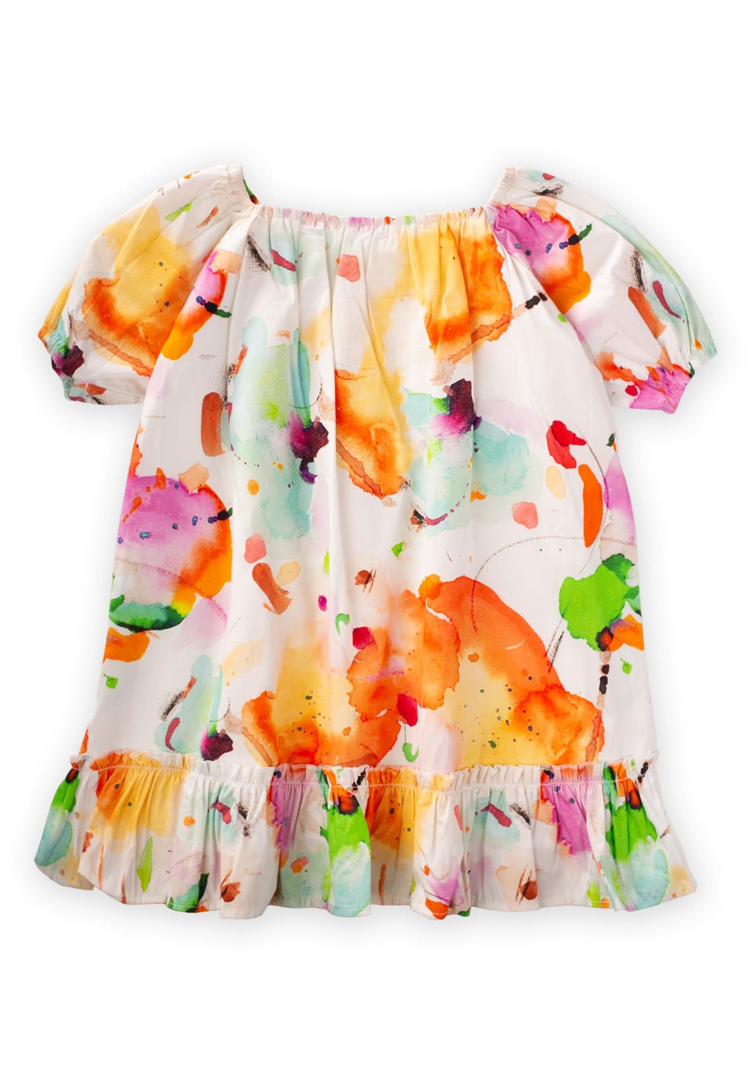 CigitYaka Kol Lastikli Poplin Elbise 2-7 Yaş EKRU DESENLİ