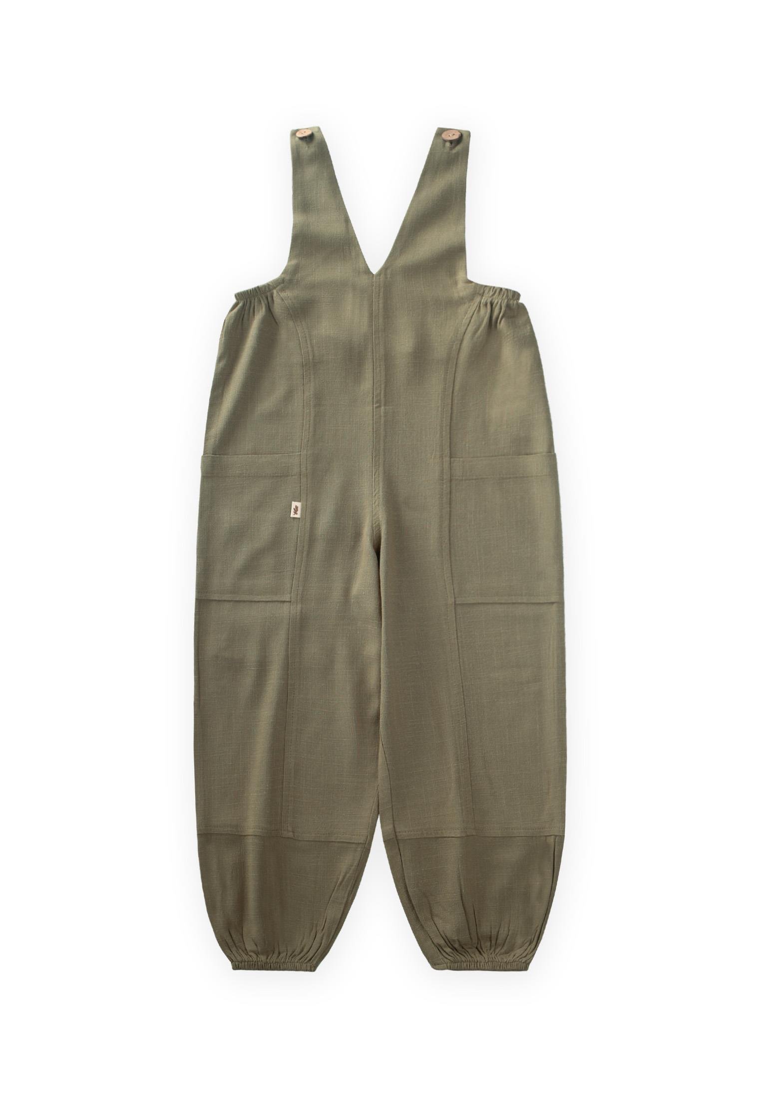 CigitV Yaka Paça Lastikli Keten Salopet 2-7 Yaş HAKİ YEŞİL