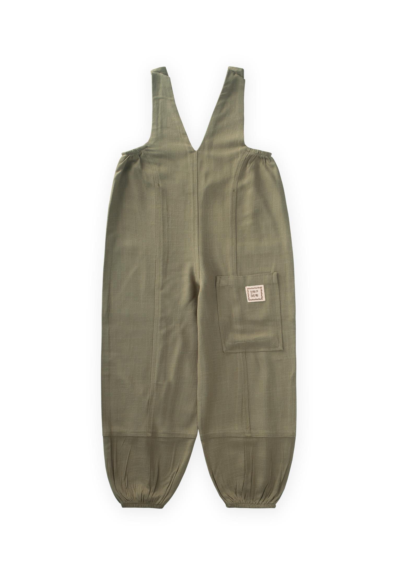 CigitV Yaka Paça Lastikli Keten Salopet 2-7 Yaş HAKİ YEŞİL