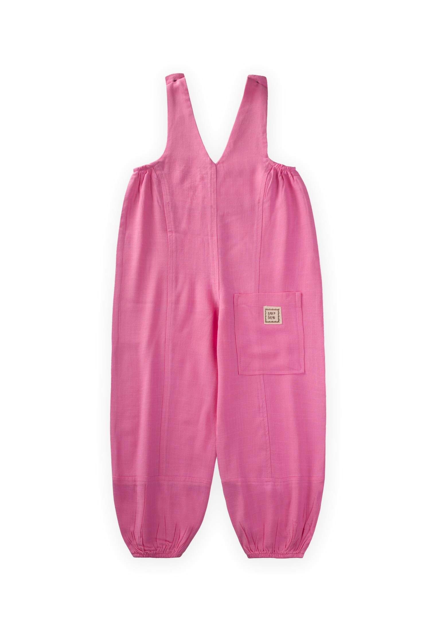 CigitV Yaka Paça Lastikli Keten Salopet 2-7 Yaş PEMBE