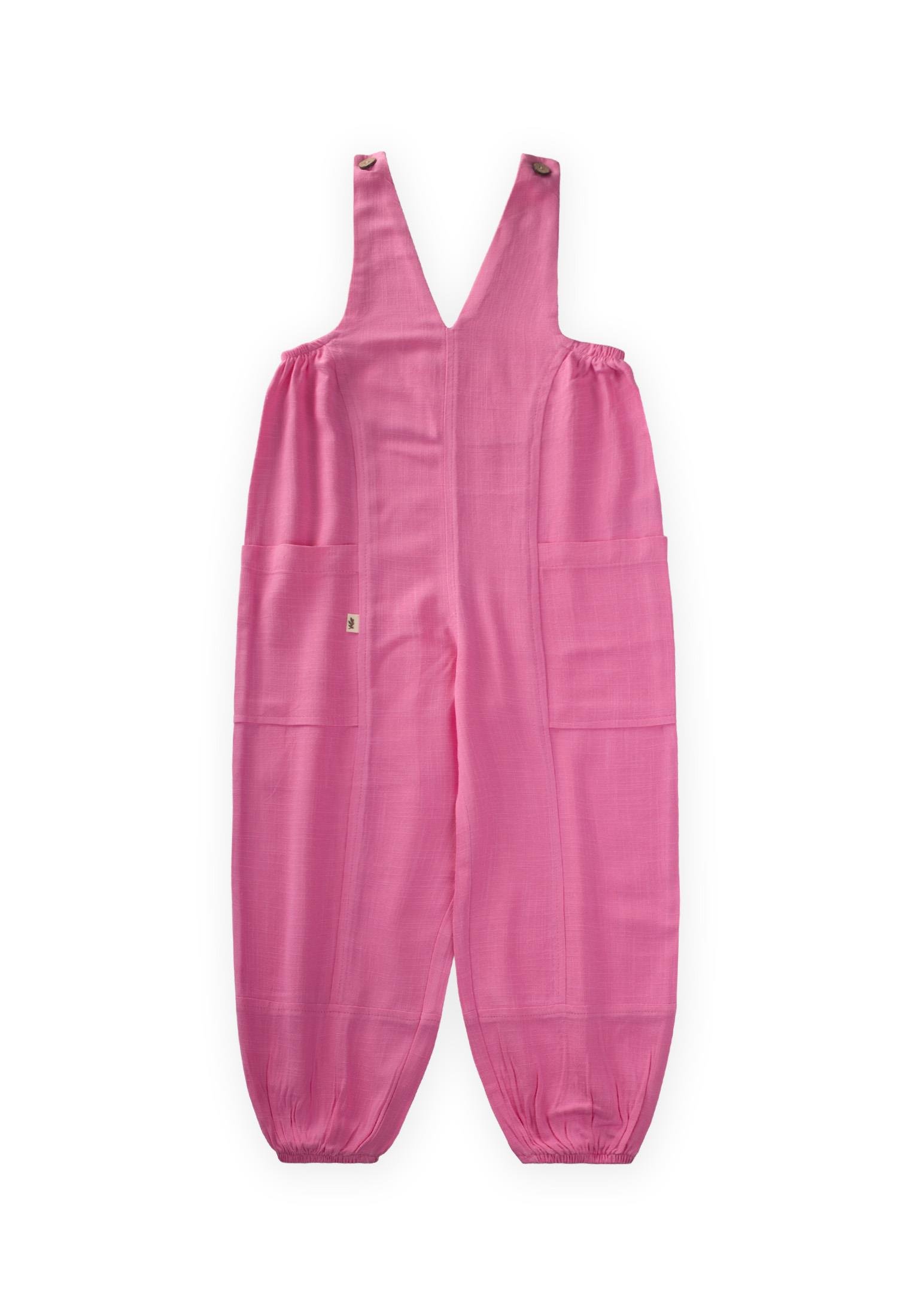 CigitV Yaka Paça Lastikli Keten Salopet 2-7 Yaş PEMBE