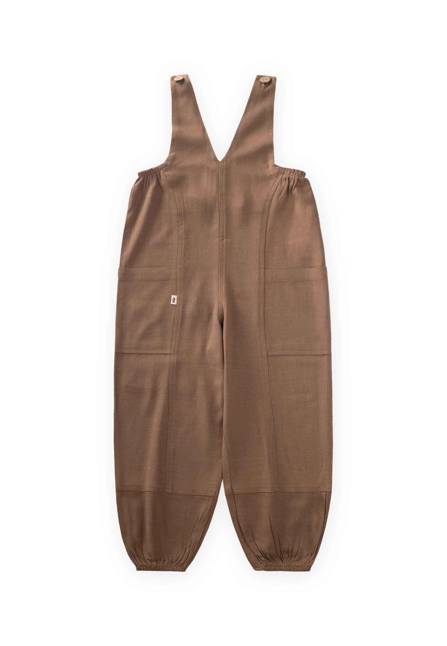 CigitV Yaka Paça Lastikli Keten Salopet 2-7 Yaş CARAMEL