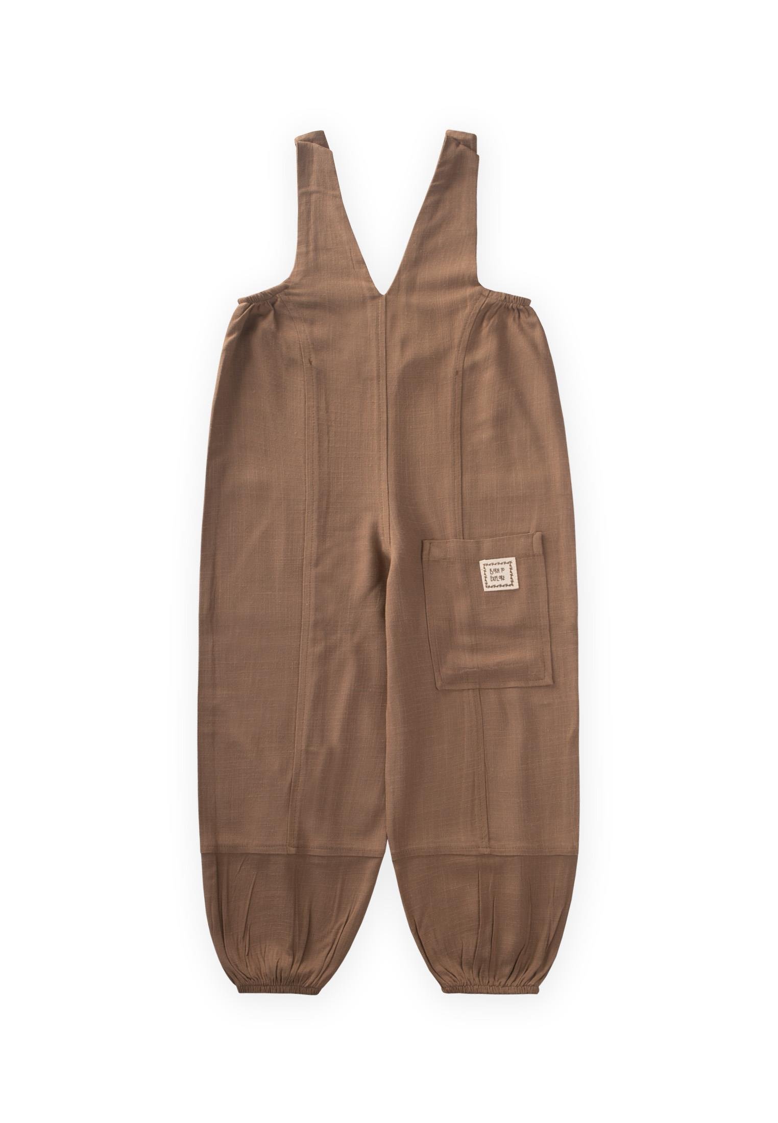 CigitV Yaka Paça Lastikli Keten Salopet 2-7 Yaş CARAMEL