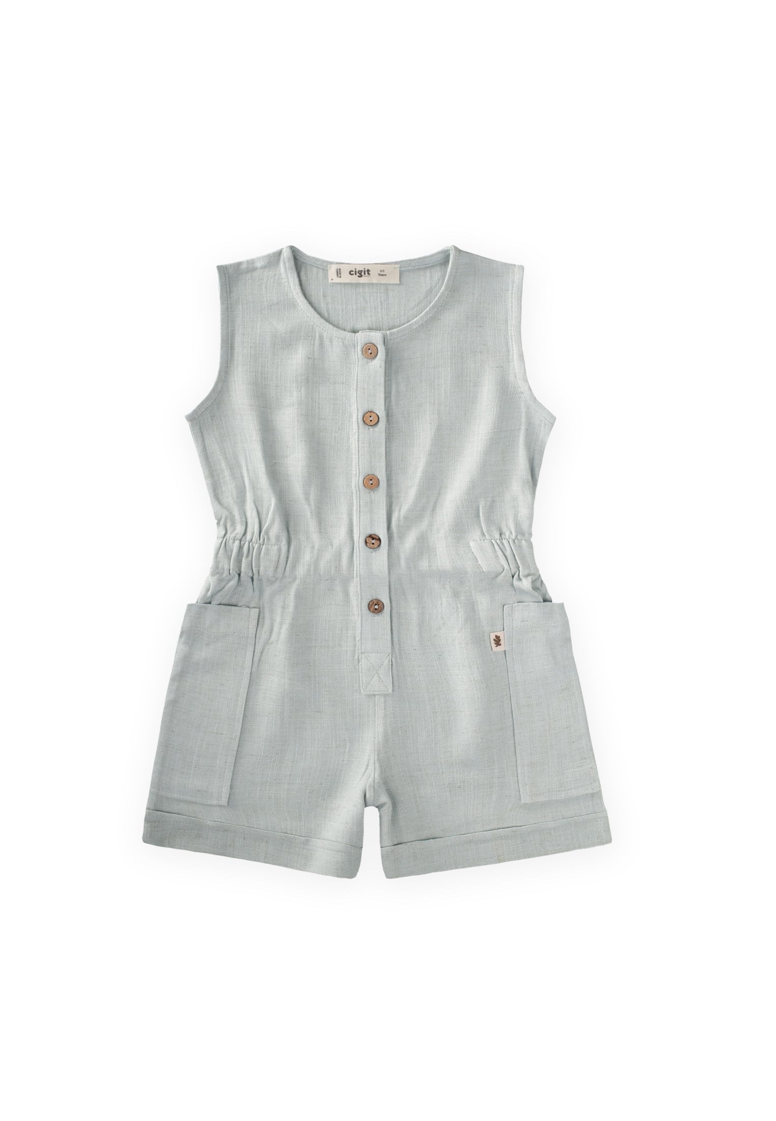 CigitYanları Cepli Kısa Boy Keten Tulum 2-7 Yaş MİNT YEŞİLİ