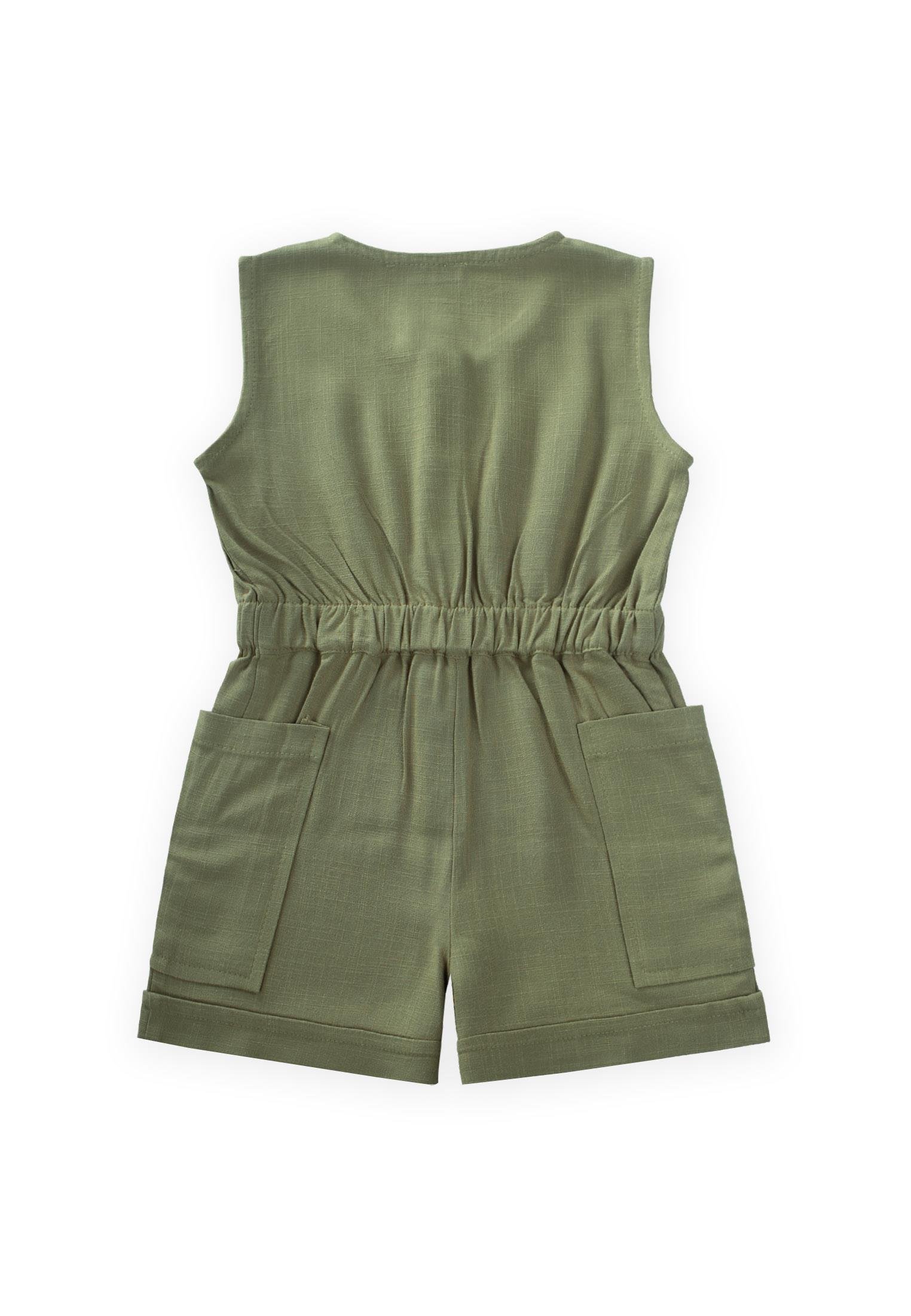 CigitYanları Cepli Kısa Boy Keten Tulum 2-7 Yaş HAKİ YEŞİL