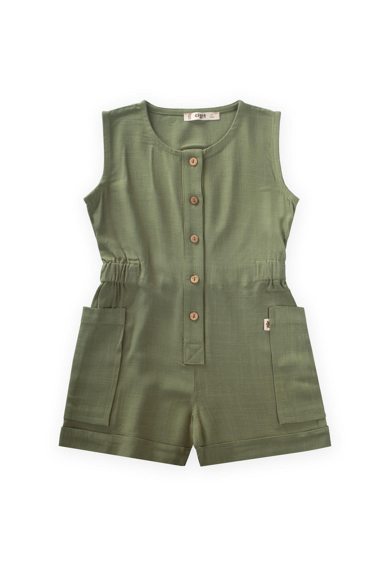 CigitYanları Cepli Kısa Boy Keten Tulum 2-7 Yaş HAKİ YEŞİL