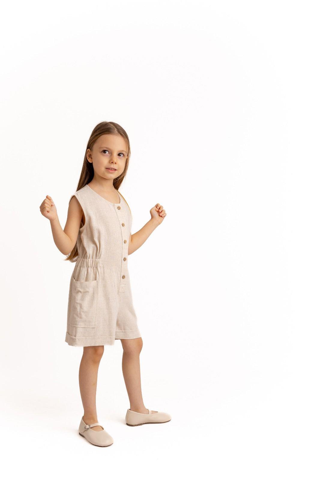 CigitYanları Cepli Kısa Boy Keten Tulum 2-7 Yaş NATUREL