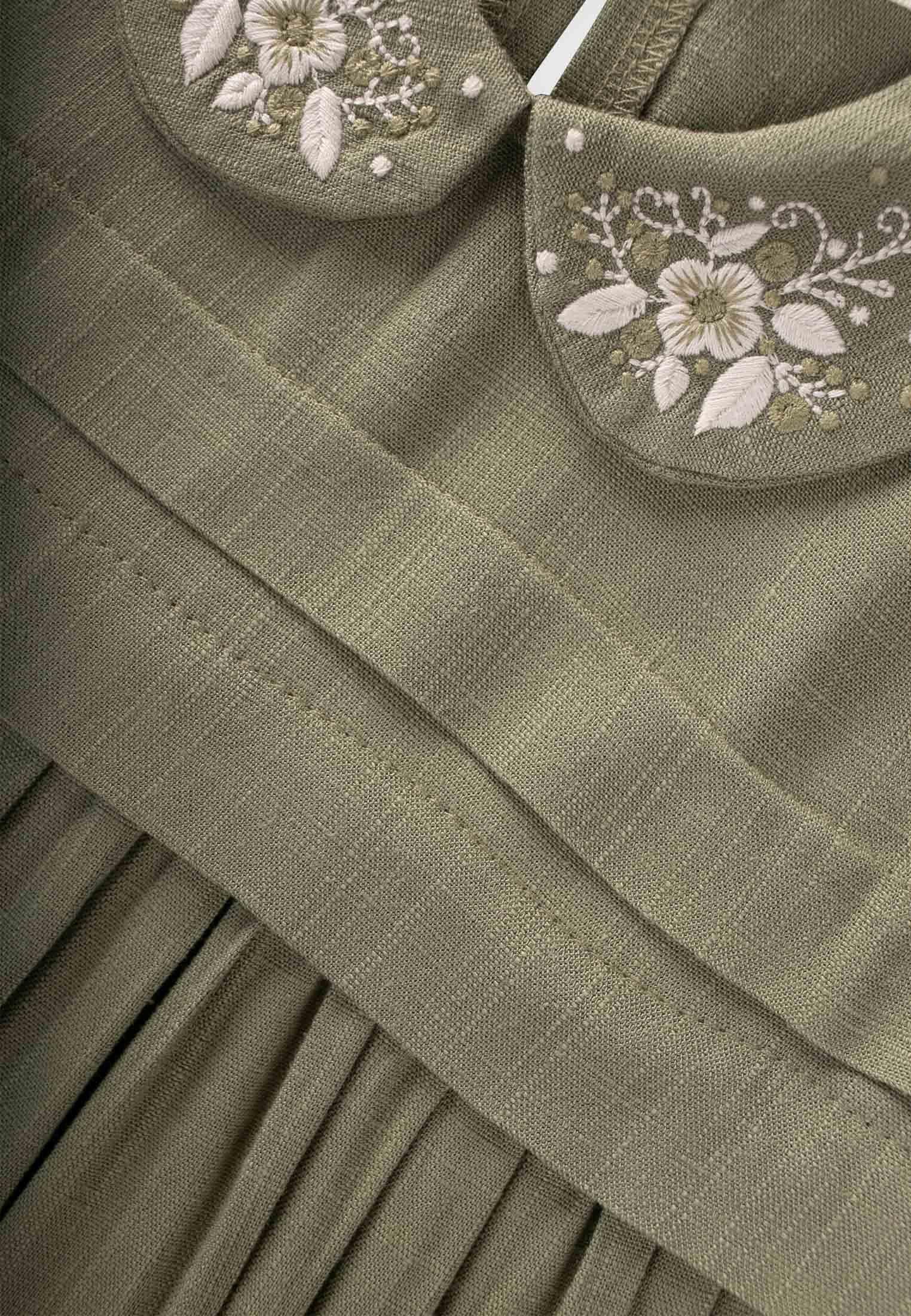 CigitBebe Yaka Nakışlı Keten Elbise 2-7 Yaş HAKİ YEŞİL