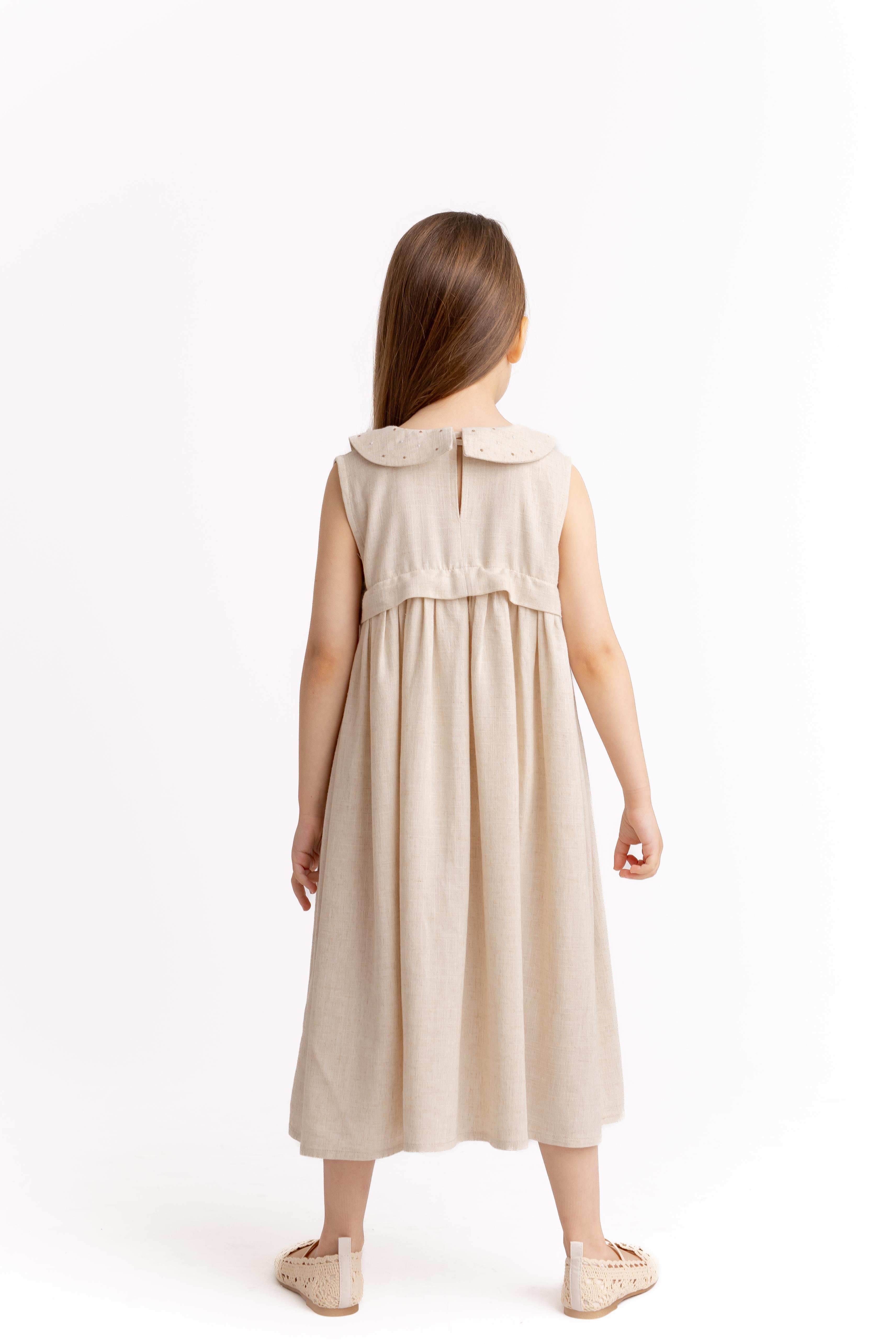 CigitBebe Yaka Nakışlı Keten Elbise 2-7 Yaş NATUREL