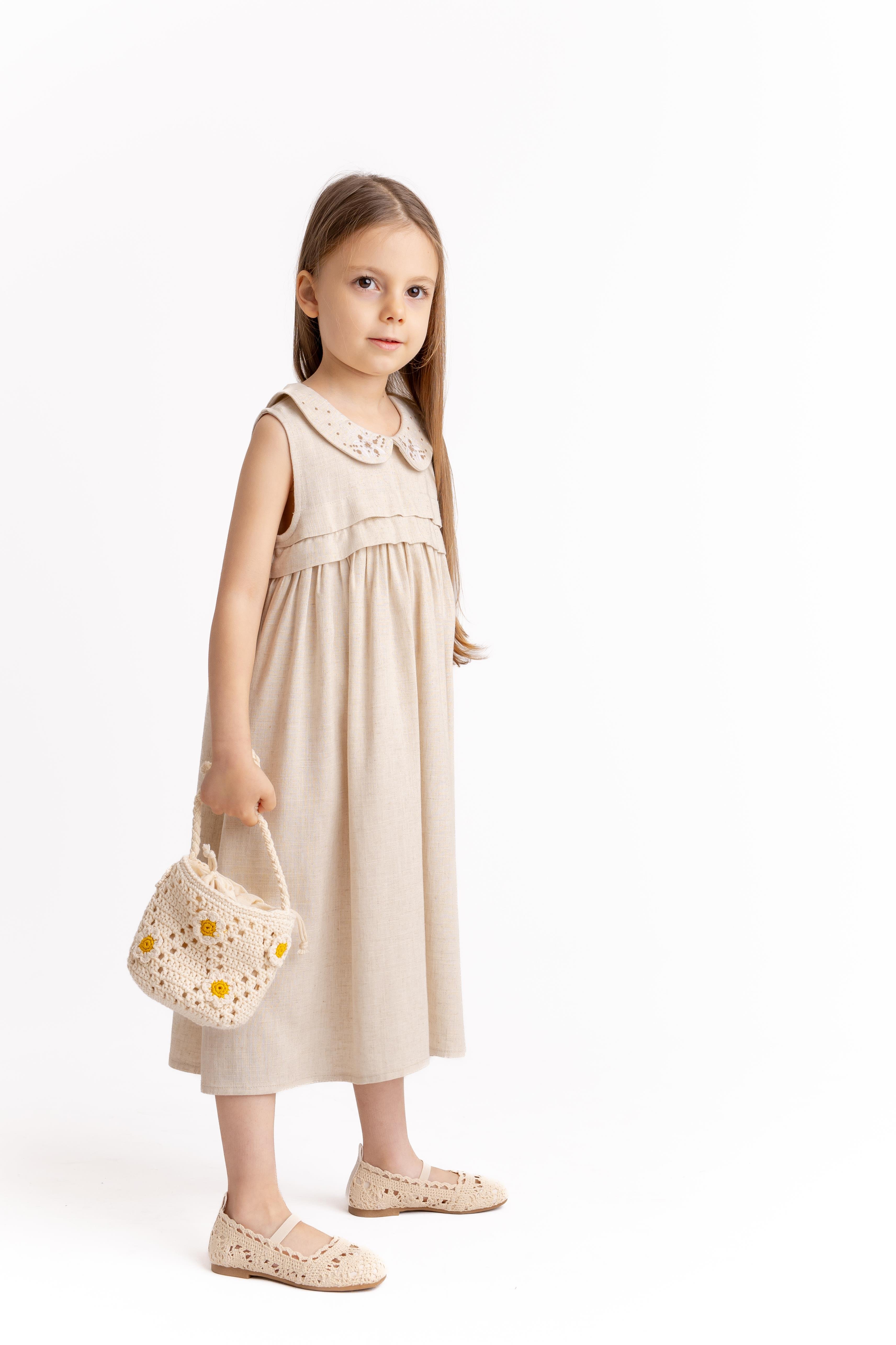 CigitBebe Yaka Nakışlı Keten Elbise 2-7 Yaş NATUREL