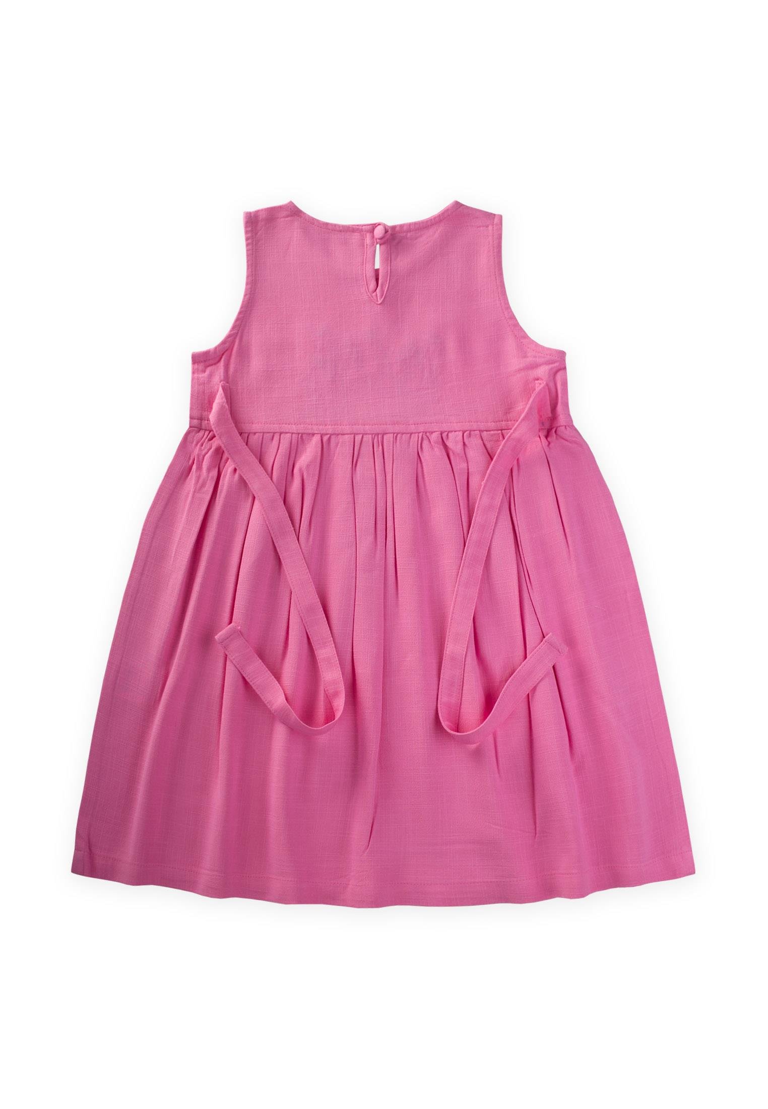 CigitNakışlı Yandan Bağlamalı Keten Elbise 2-7 Yaş PEMBE