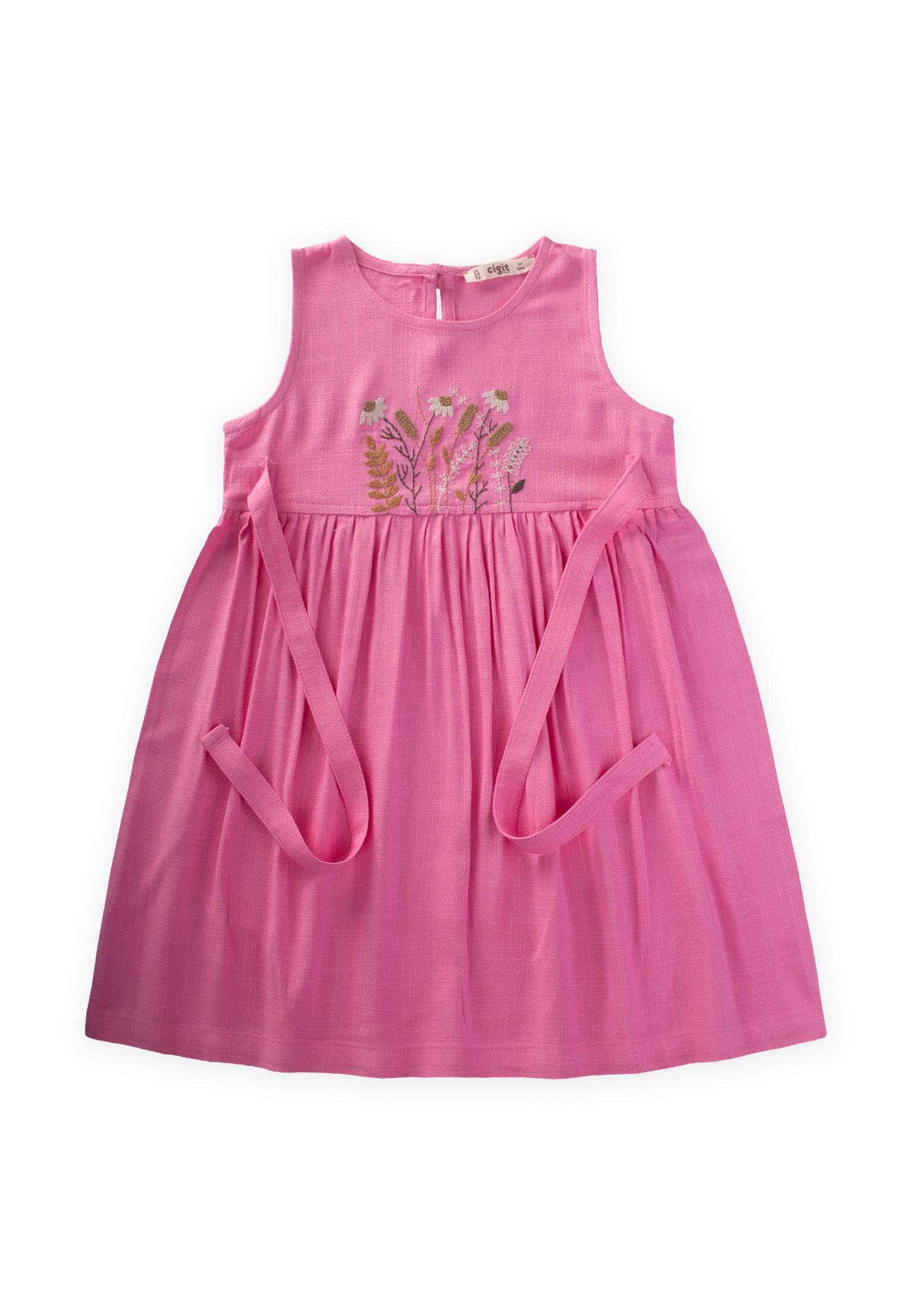 CigitNakışlı Yandan Bağlamalı Keten Elbise 2-7 Yaş PEMBE