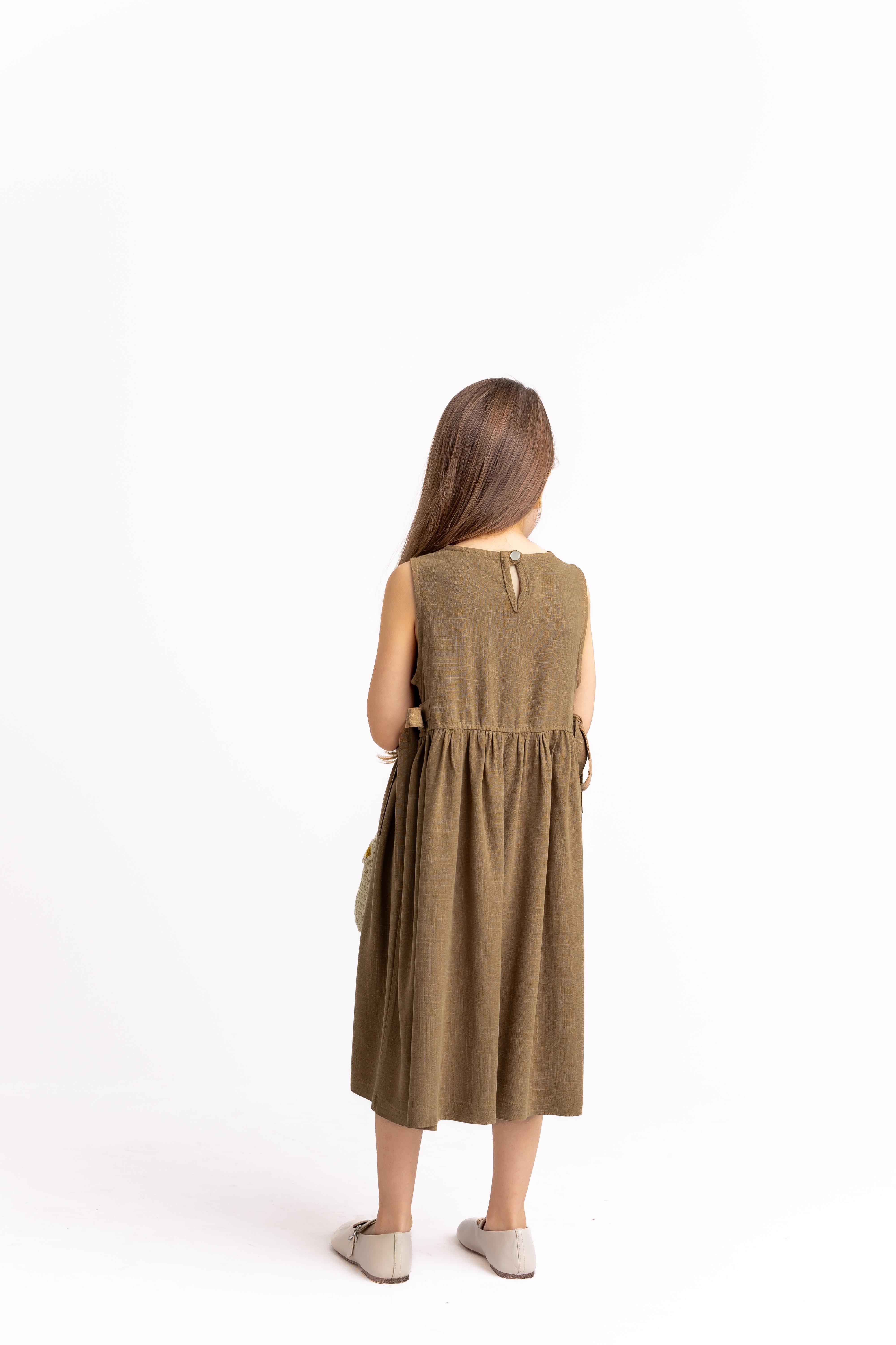 CigitNakışlı Yandan Bağlamalı Keten Elbise 2-7 Yaş CAMEL