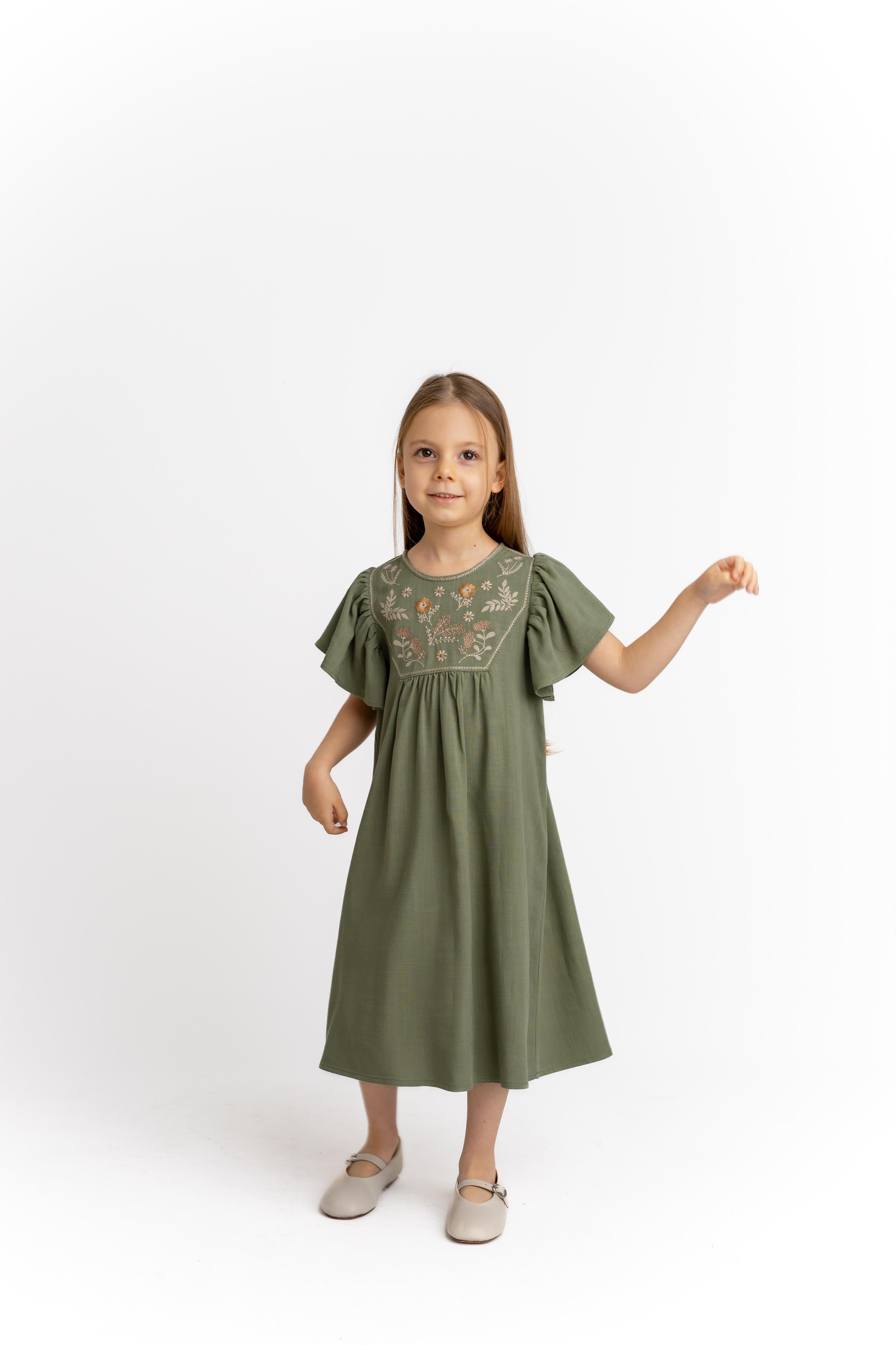 CigitRobası Nakışlı Keten Elbise 2-7 Yaş HAKİ YEŞİL