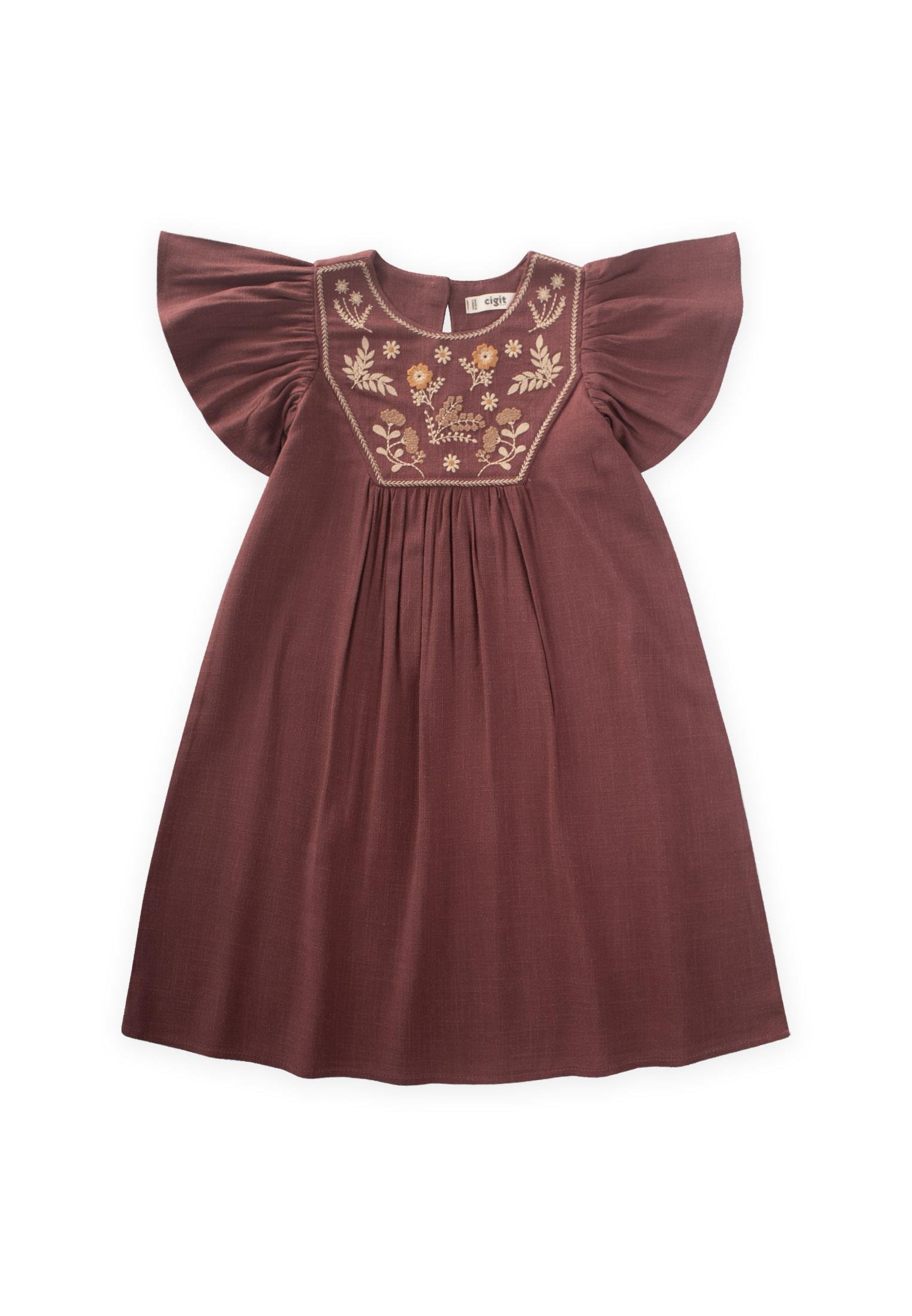 CigitRobası Nakışlı Keten Elbise 2-7 Yaş MÜRDÜM
