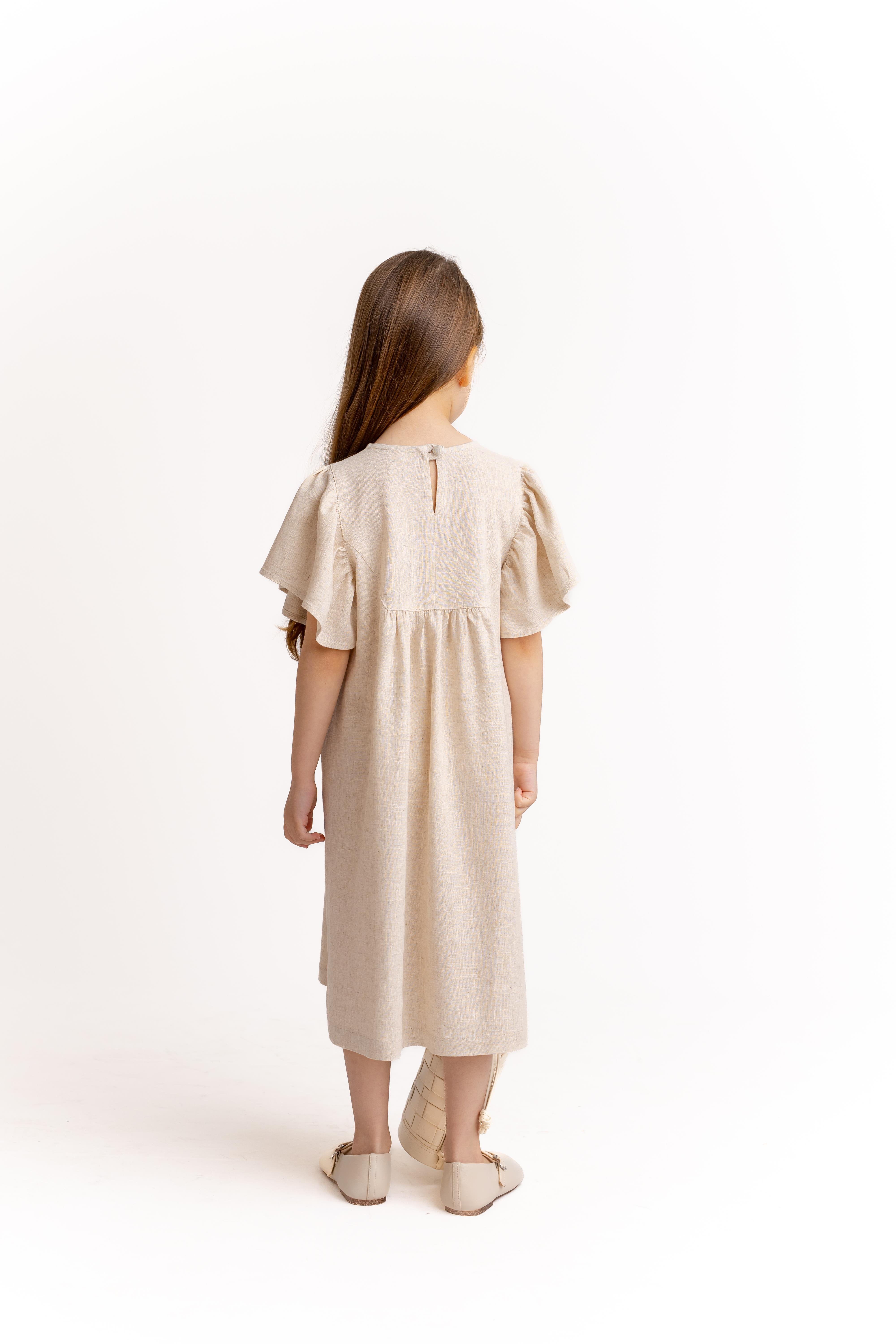 CigitRobası Nakışlı Keten Elbise 2-7 Yaş NATUREL