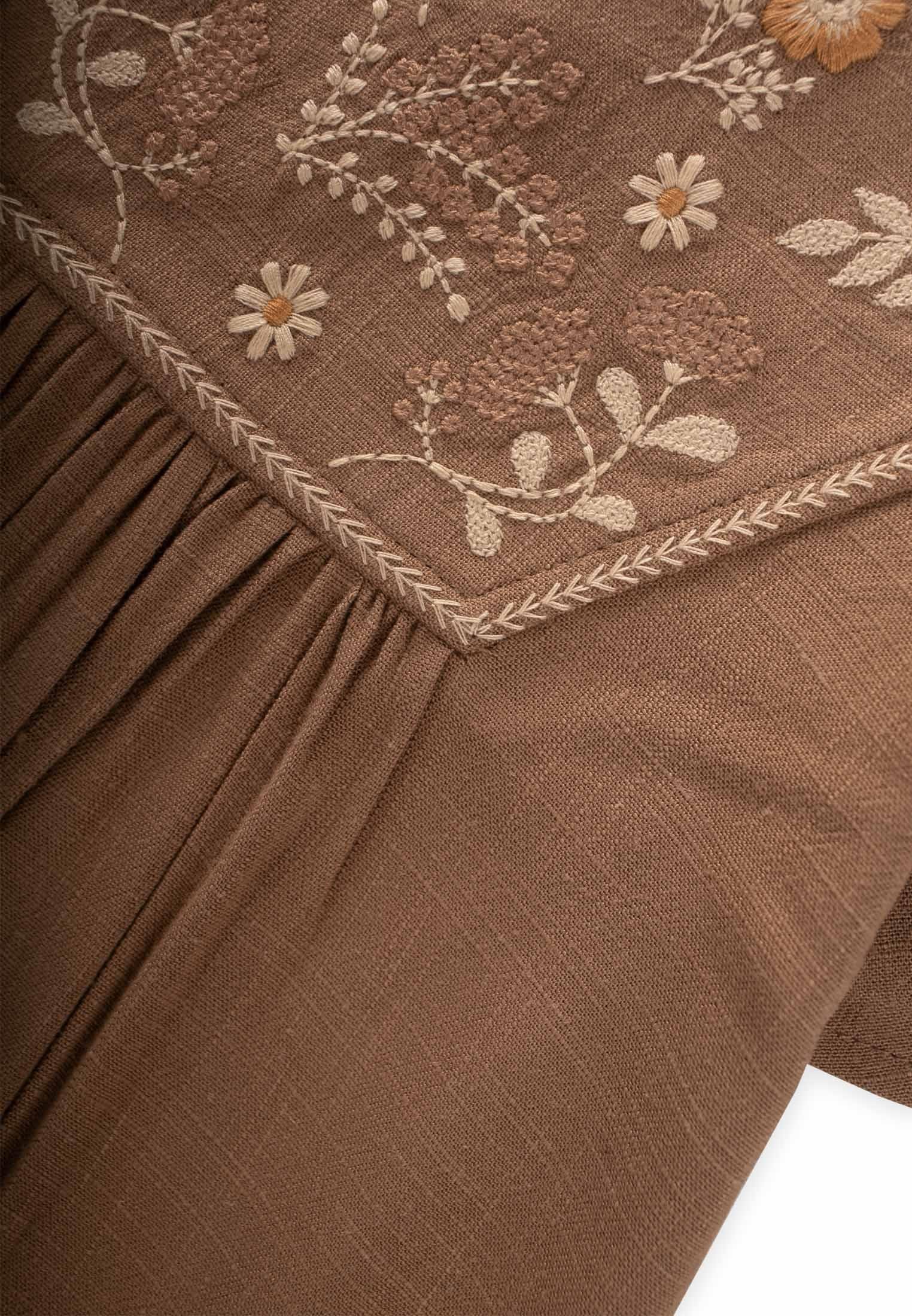 CigitRobası Nakışlı Keten Elbise 2-7 Yaş CARAMEL