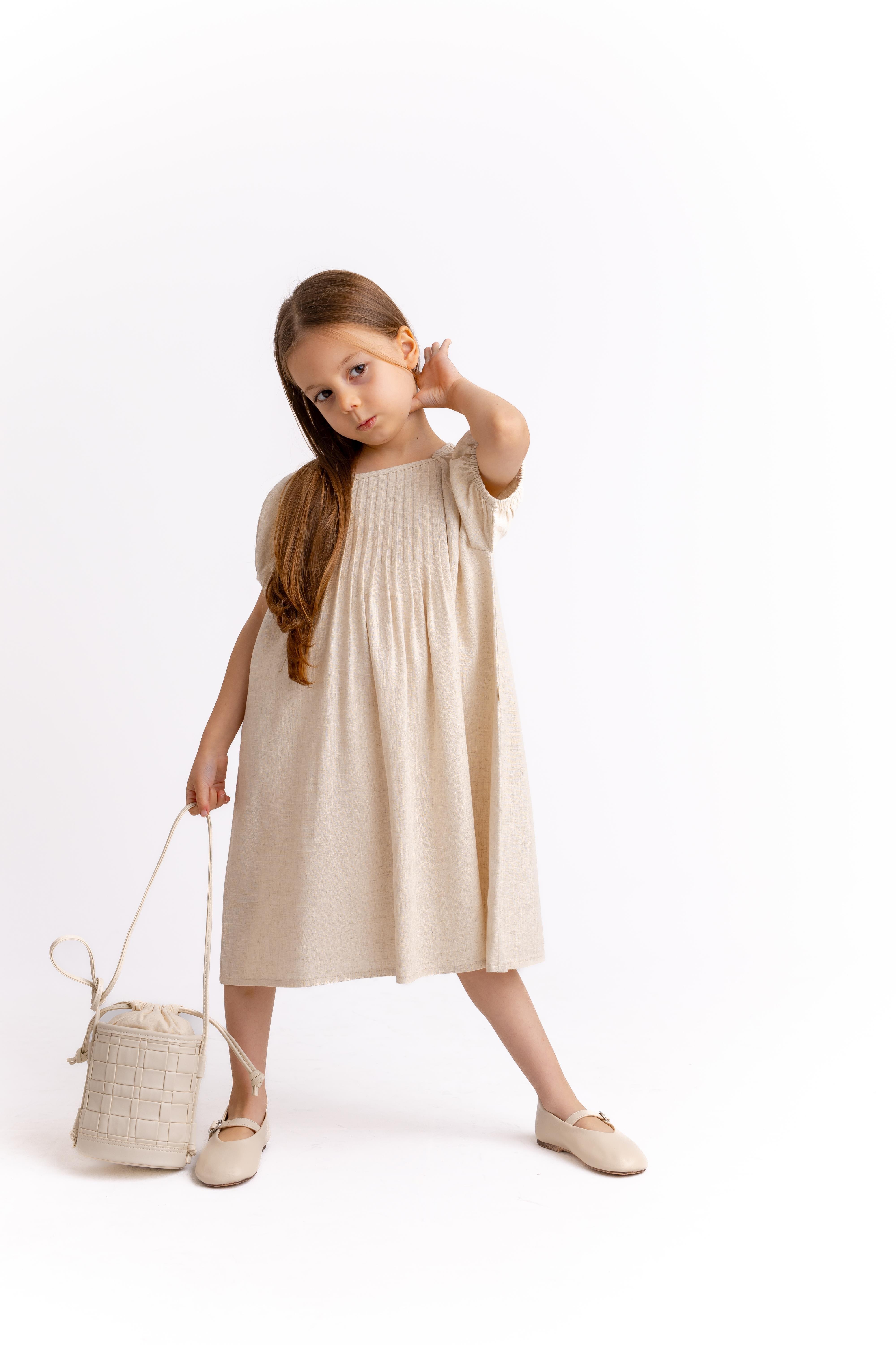 CigitNervüllü Keten Elbise 2-7 Yaş NATUREL