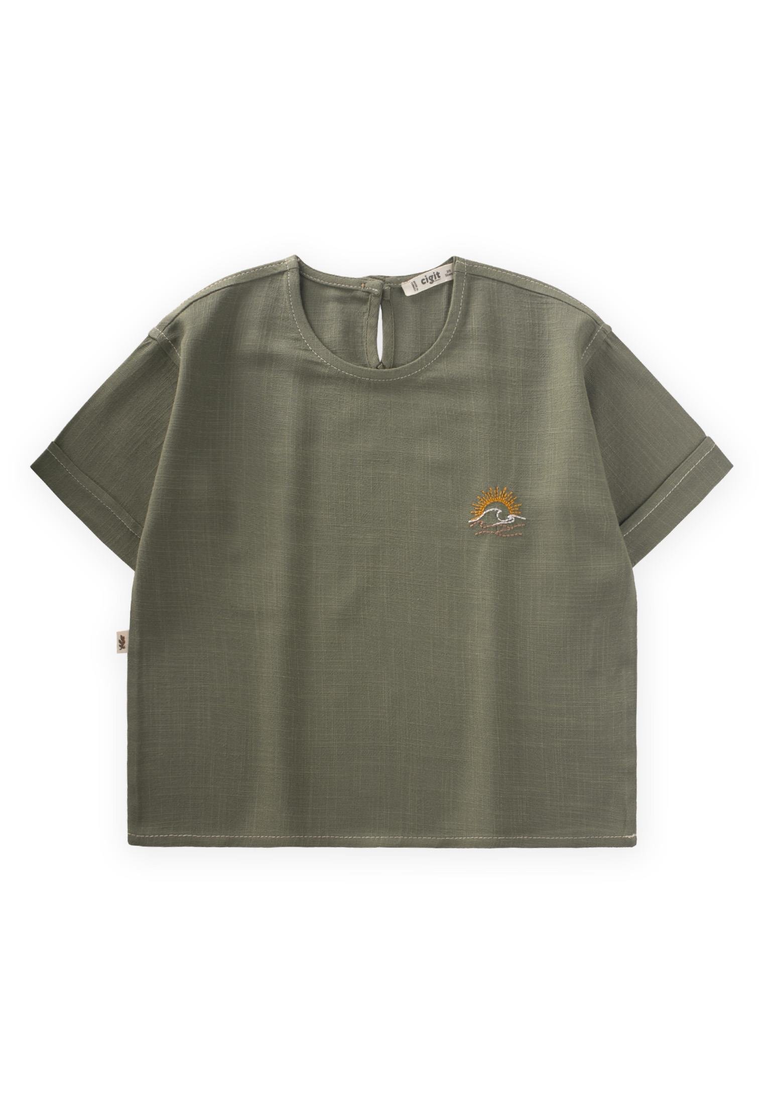 CigitGüneş Nakışlı Keten Bluz 2-7 Yaş HAKİ YEŞİL