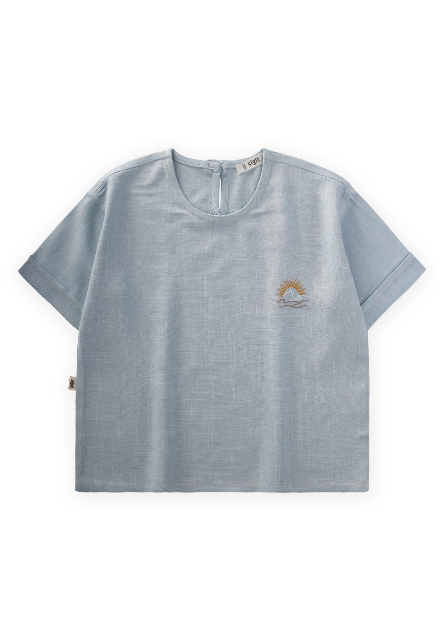 CigitGüneş Nakışlı Keten Bluz 2-7 Yaş MAVİ