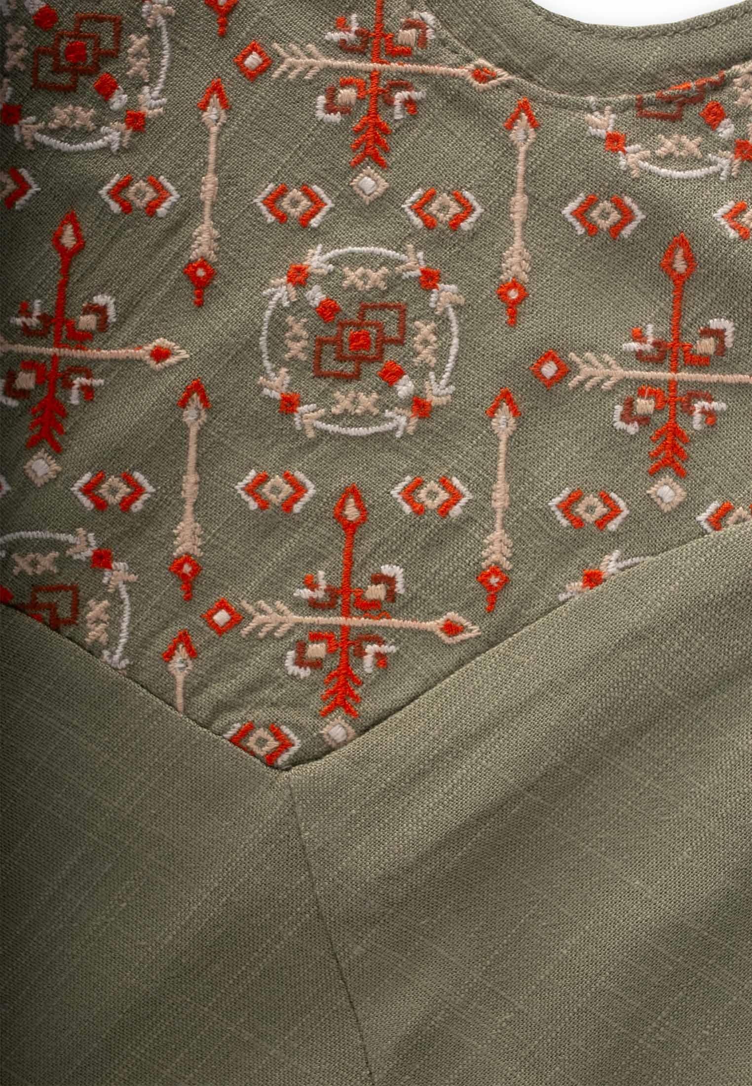 CigitRoba Komple Nakışlı Keten Salopet 2-7 Yaş HAKİ YEŞİL