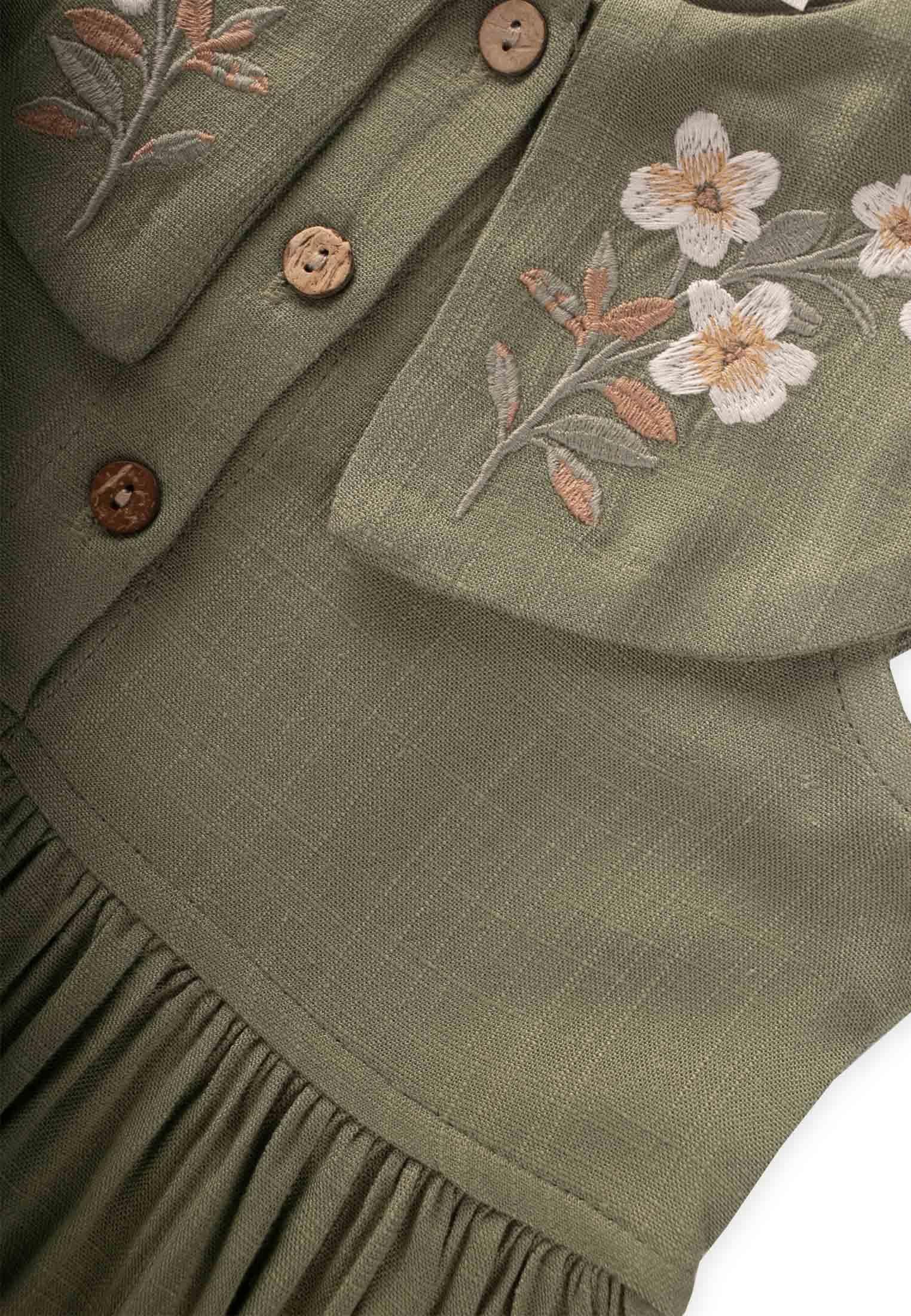 CigitNakışlı Roba Yaka Keten Elbise 2-7 Yaş HAKİ YEŞİL