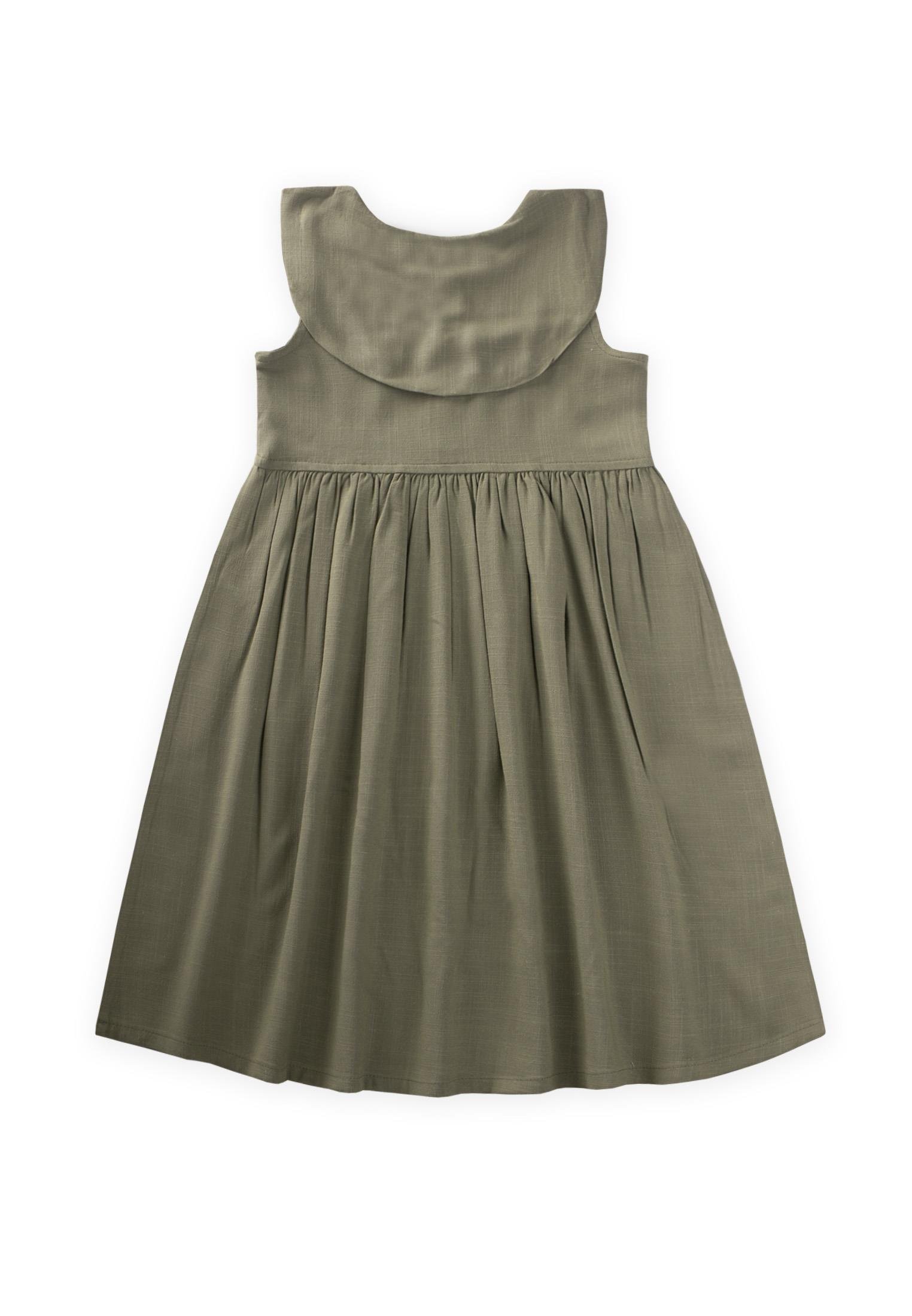 CigitNakışlı Roba Yaka Keten Elbise 2-7 Yaş HAKİ YEŞİL