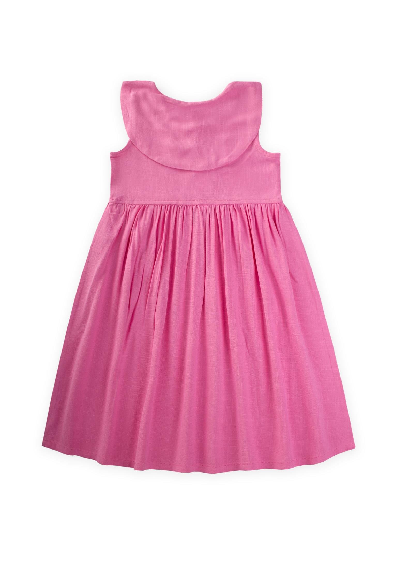 CigitNakışlı Roba Yaka Keten Elbise 2-7 Yaş PEMBE