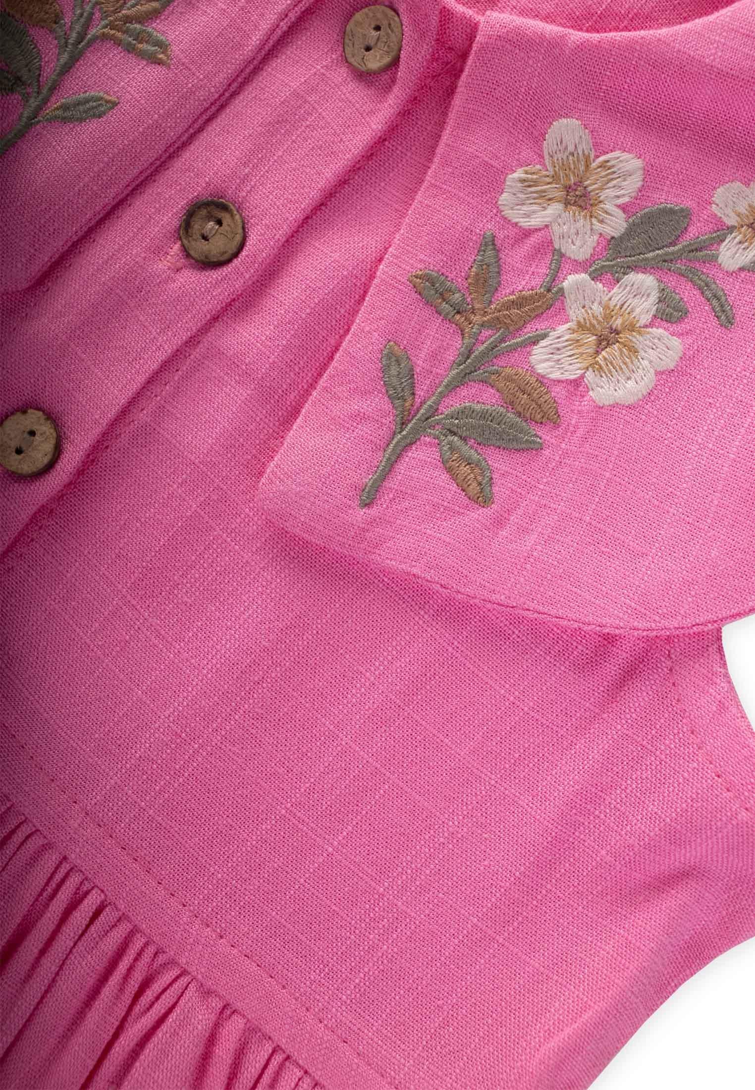 CigitNakışlı Roba Yaka Keten Elbise 2-7 Yaş PEMBE