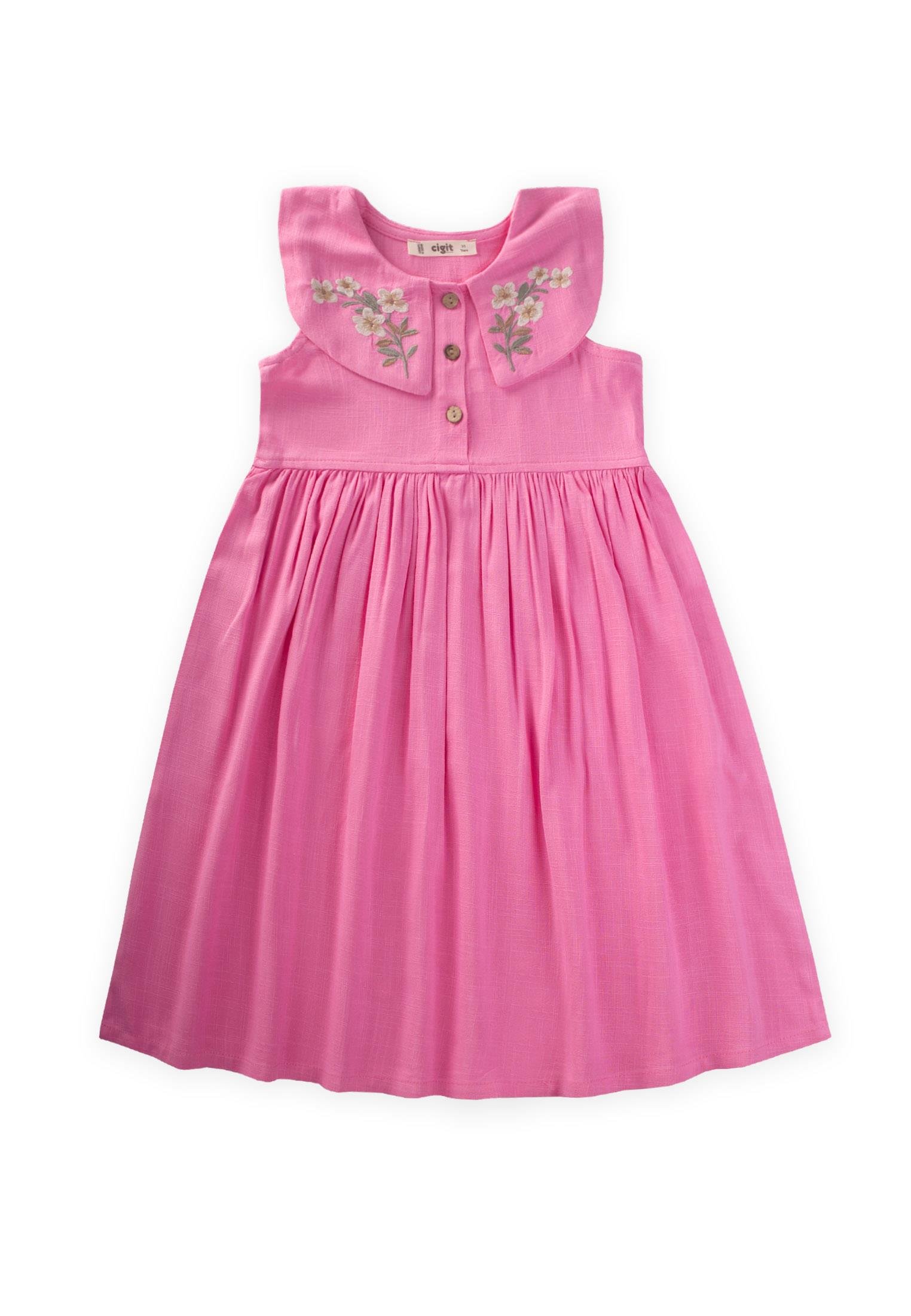 CigitNakışlı Roba Yaka Keten Elbise 2-7 Yaş PEMBE