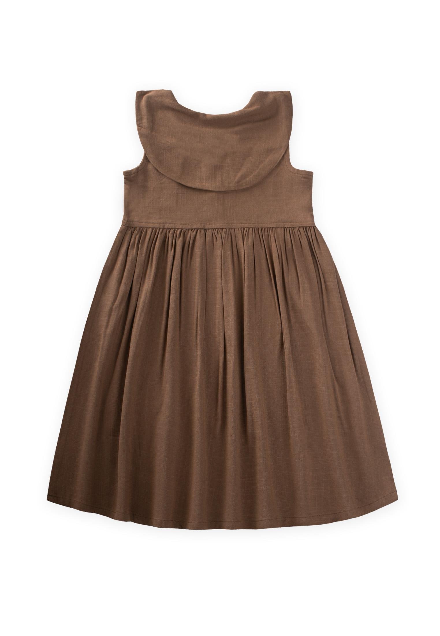 CigitNakışlı Roba Yaka Keten Elbise 2-7 Yaş CARAMEL