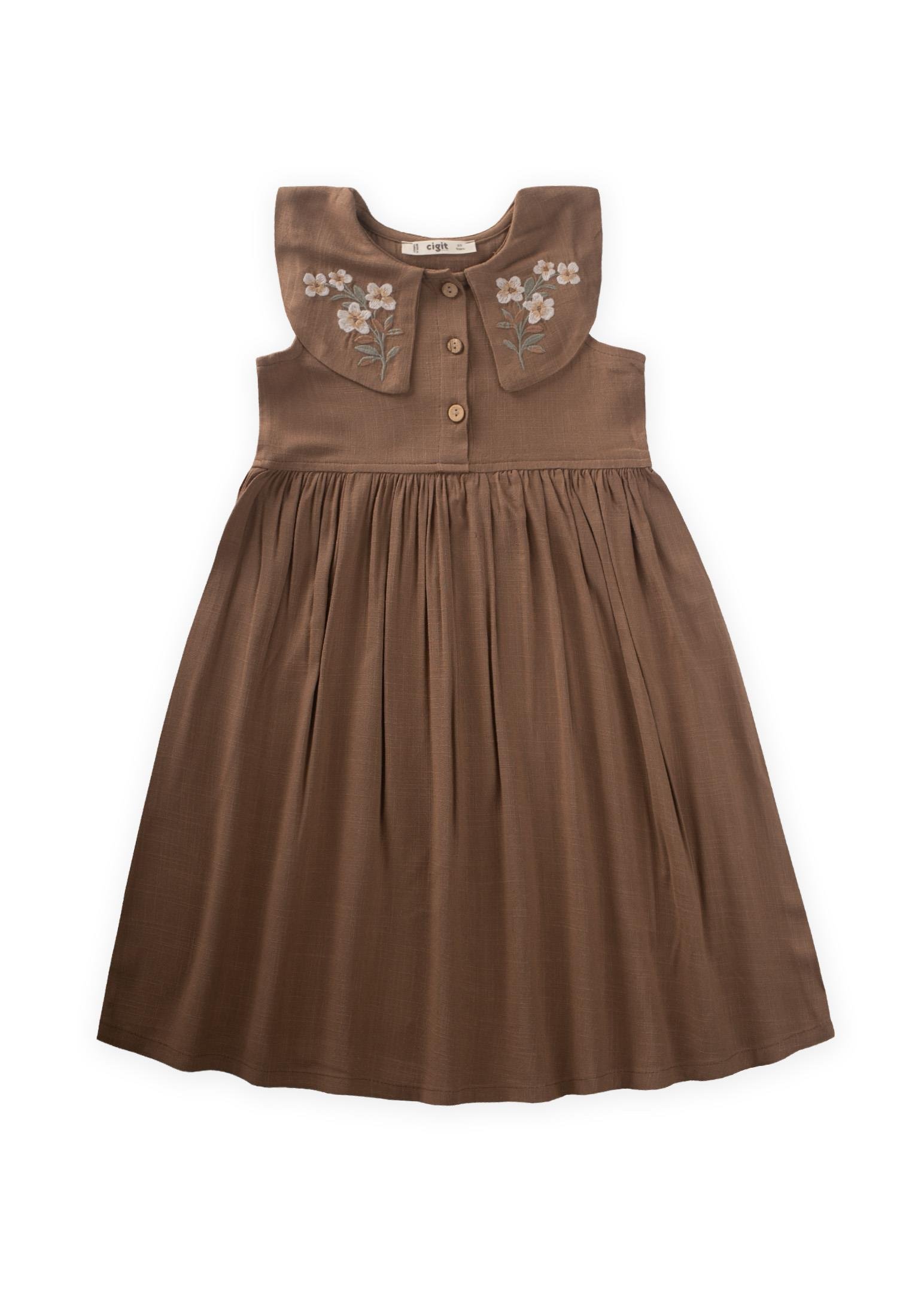 CigitNakışlı Roba Yaka Keten Elbise 2-7 Yaş CARAMEL
