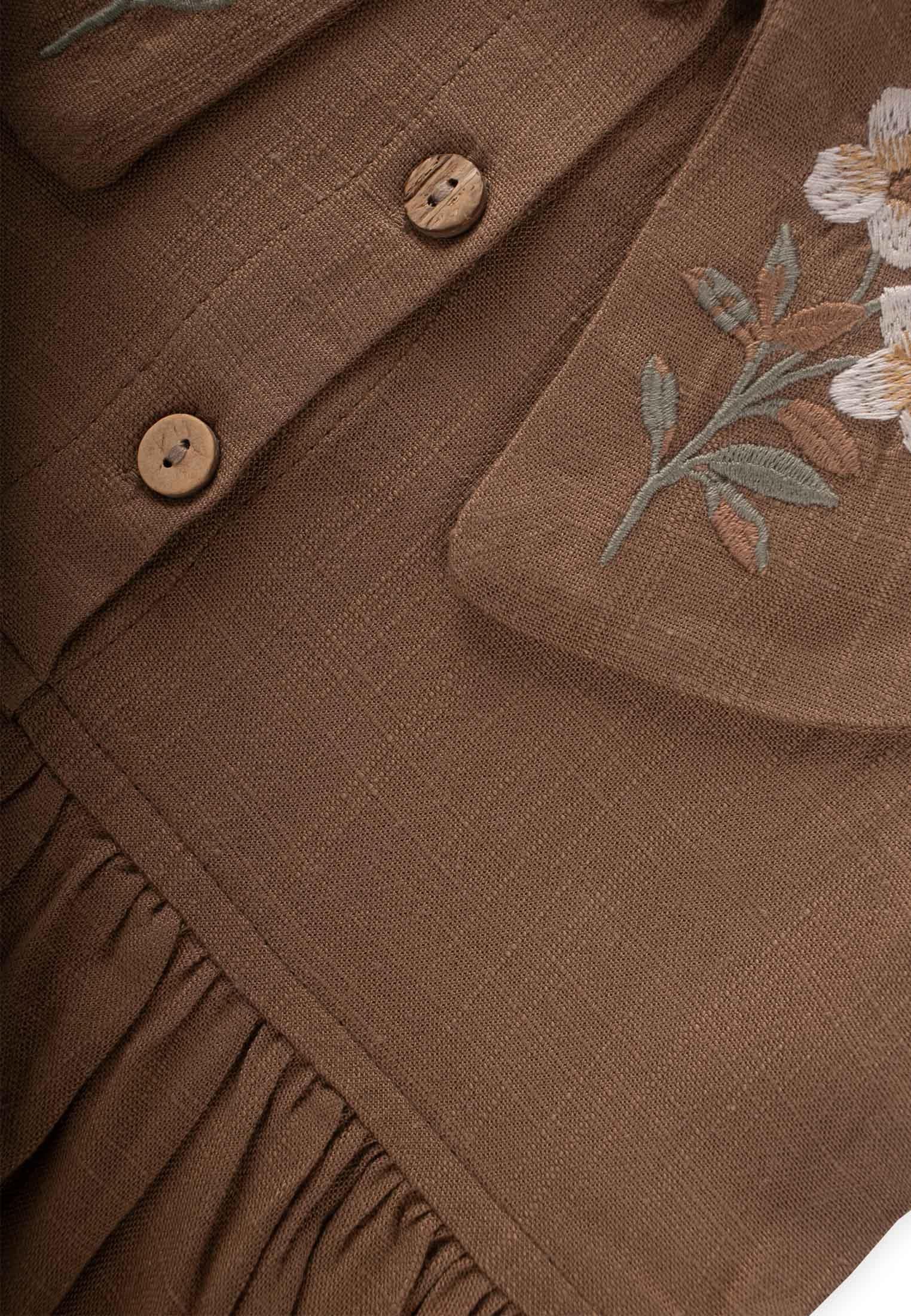 CigitNakışlı Roba Yaka Keten Elbise 2-7 Yaş CARAMEL