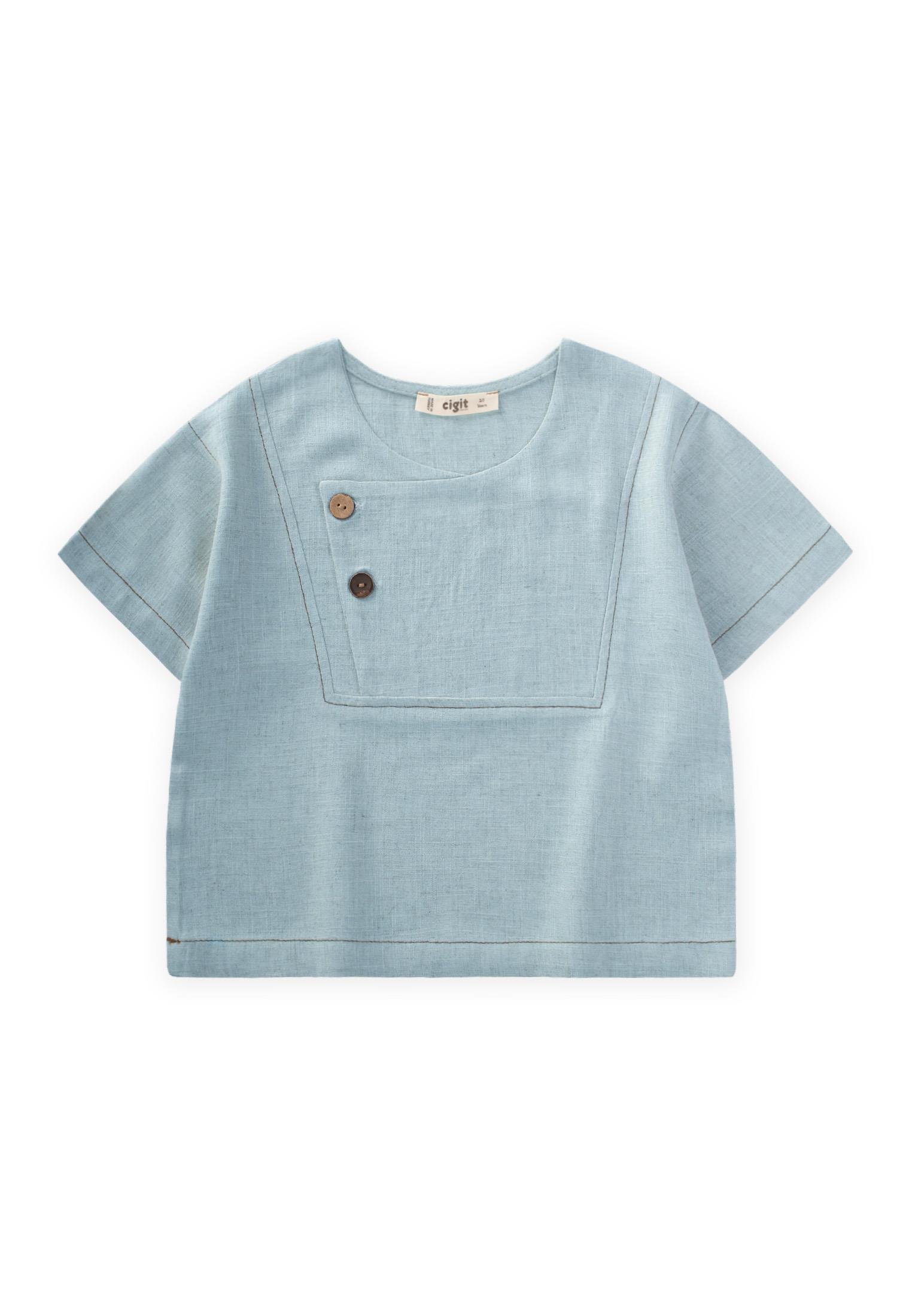 CigitKontrast Dikişli Keten Bluz 2-7 Yaş MAVİ