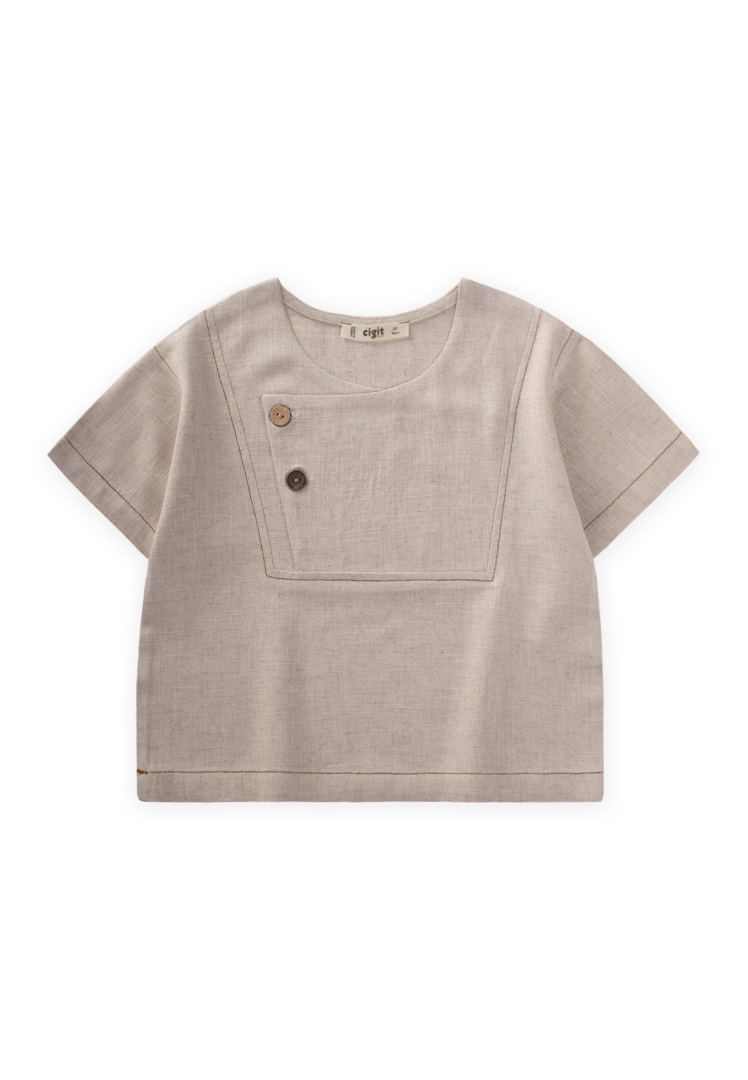 CigitKontrast Dikişli Keten Bluz 2-7 Yaş NATUREL