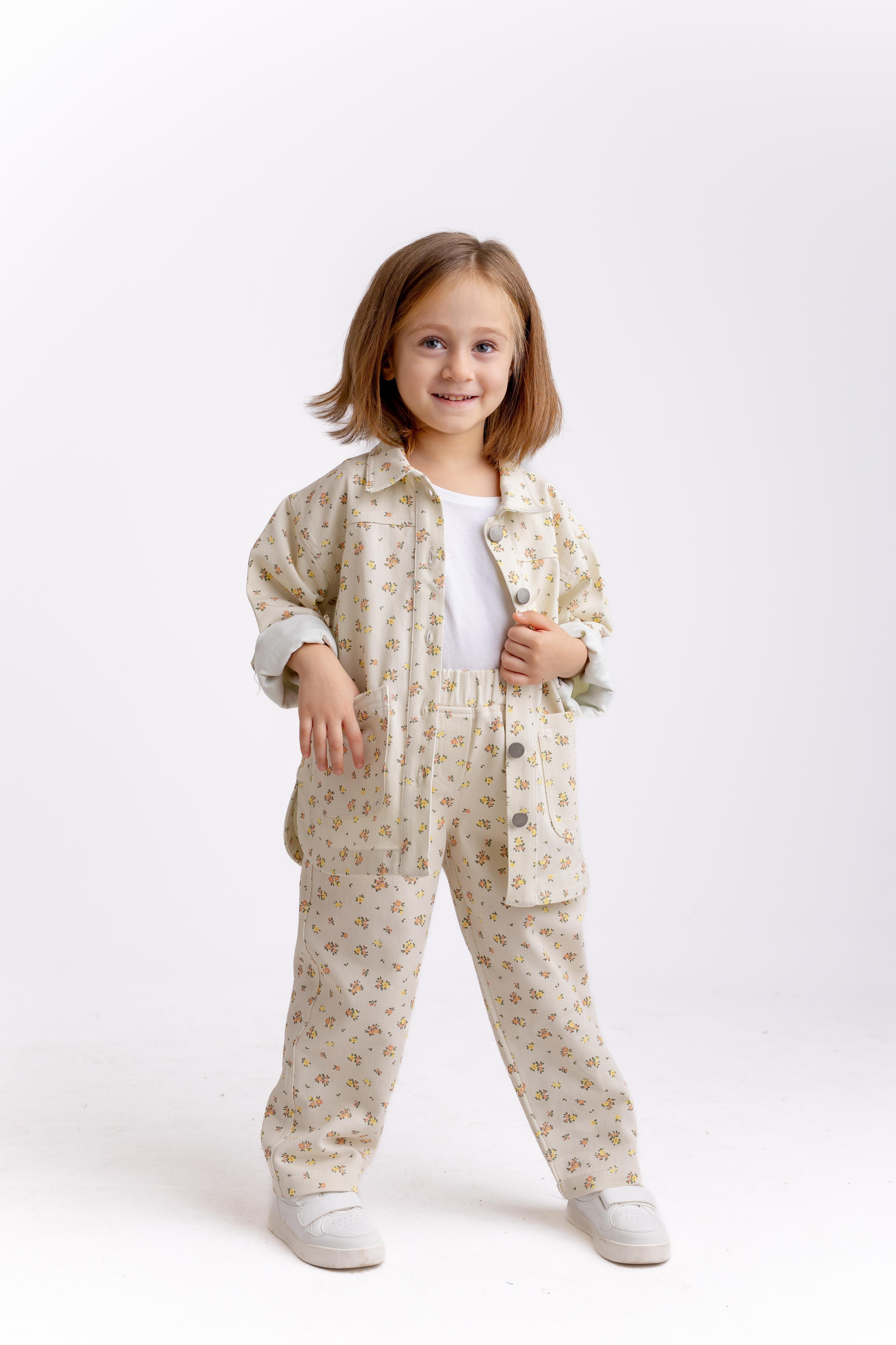 CigitÇiçek Desenli Gabardin Ceket 2-7 Yaş EKRU ÇİÇEKLİ