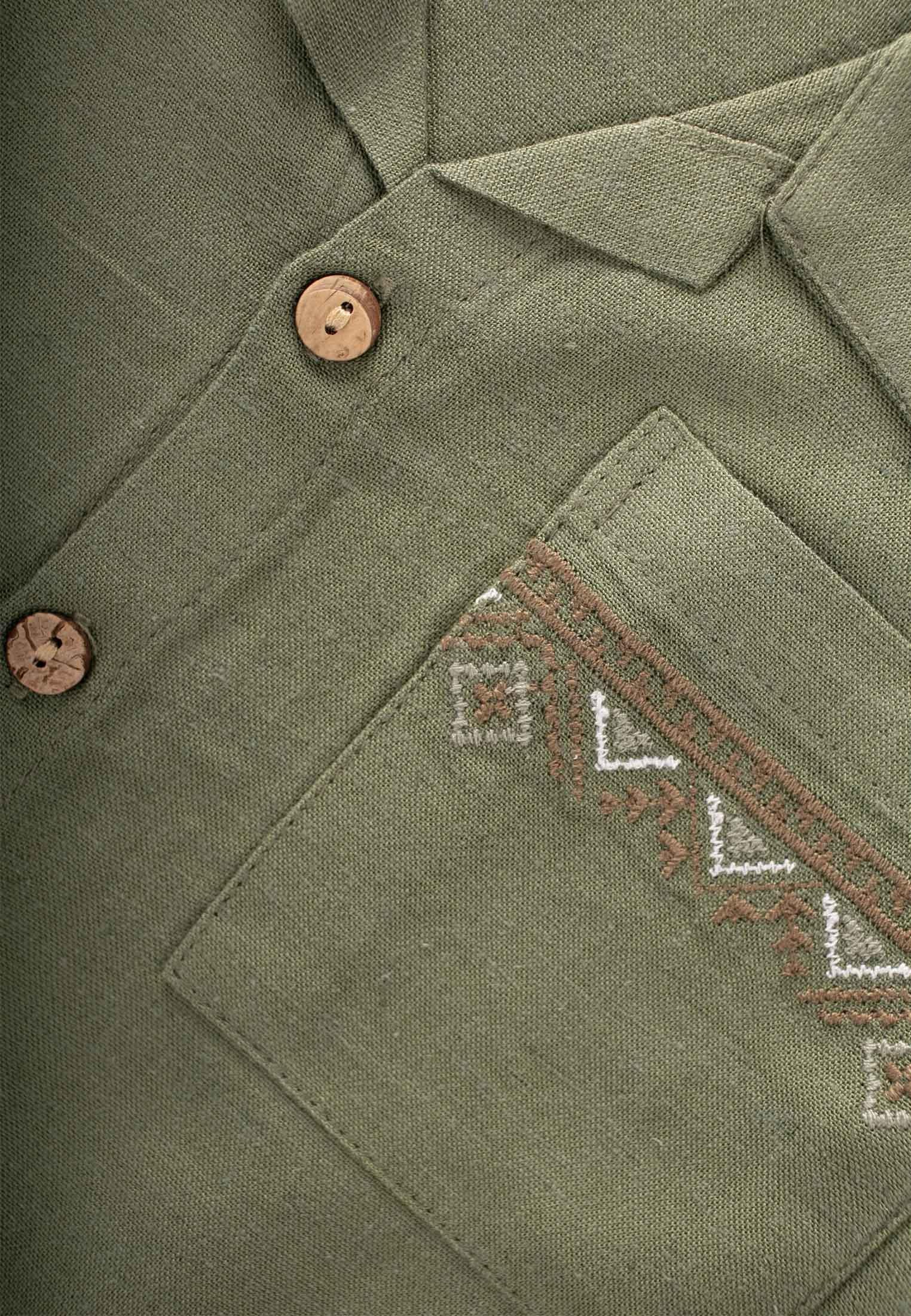 CigitCebi Nakışlı Gömlek Pantolon Keten Takım 2-7 Yaş HAKİ YEŞİL