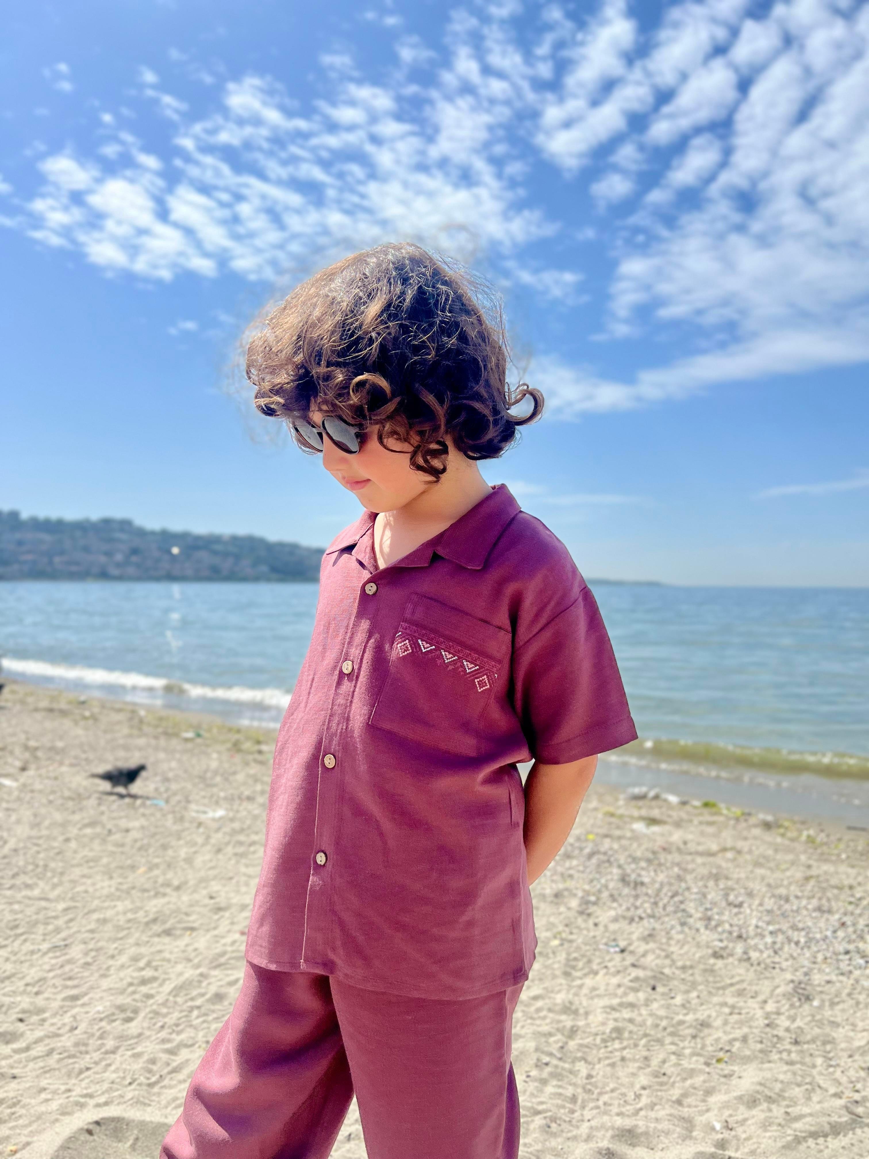 CigitCebi Nakışlı Gömlek Pantolon Keten Takım 2-7 Yaş MÜRDÜM