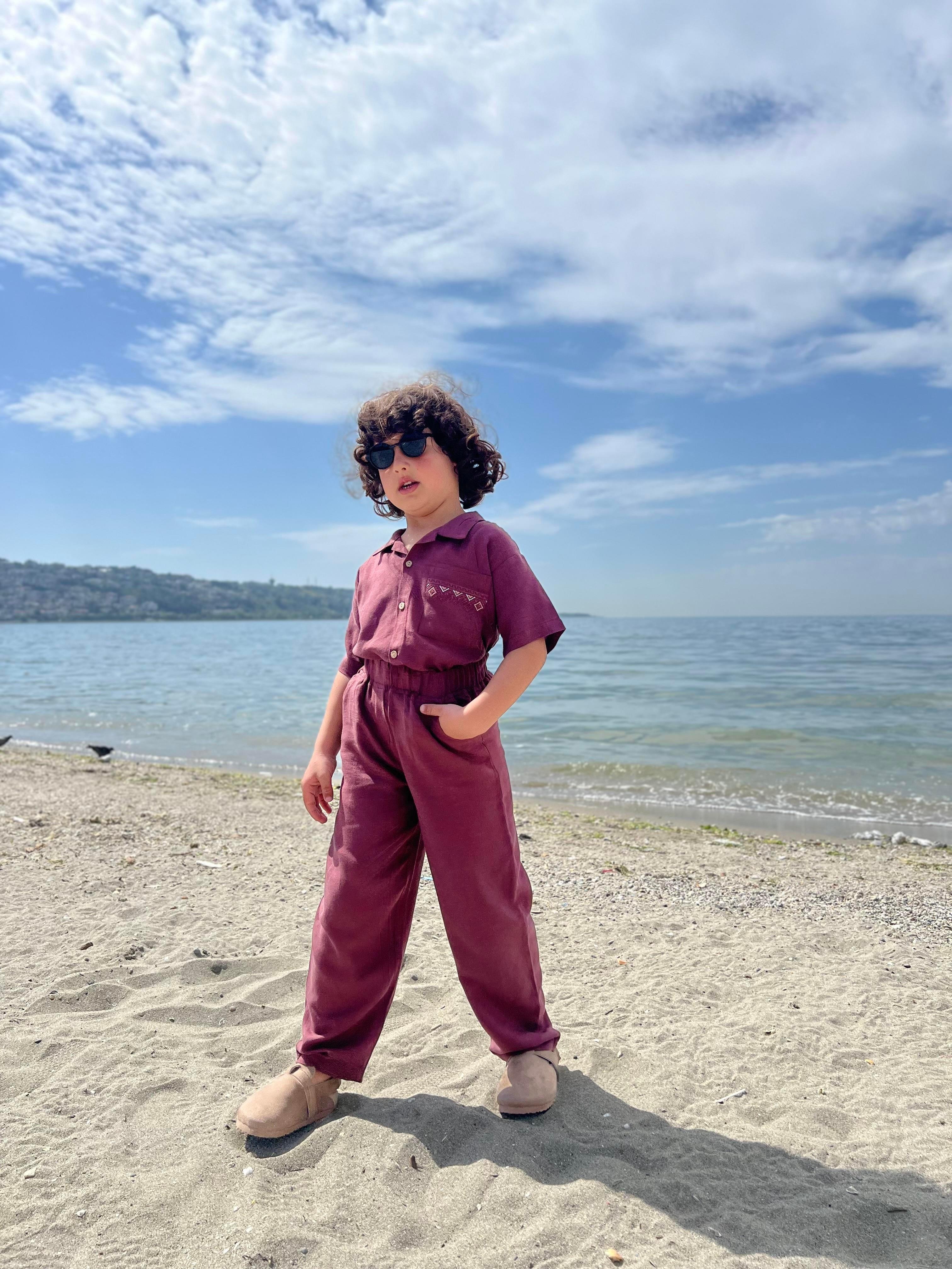 CigitCebi Nakışlı Gömlek Pantolon Keten Takım 2-7 Yaş MÜRDÜM