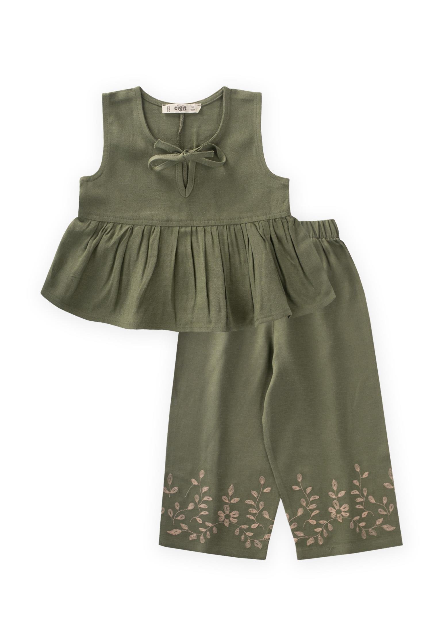 CigitPaçaları Nakışlı Keten Takım 2-7 Yaş HAKİ YEŞİL