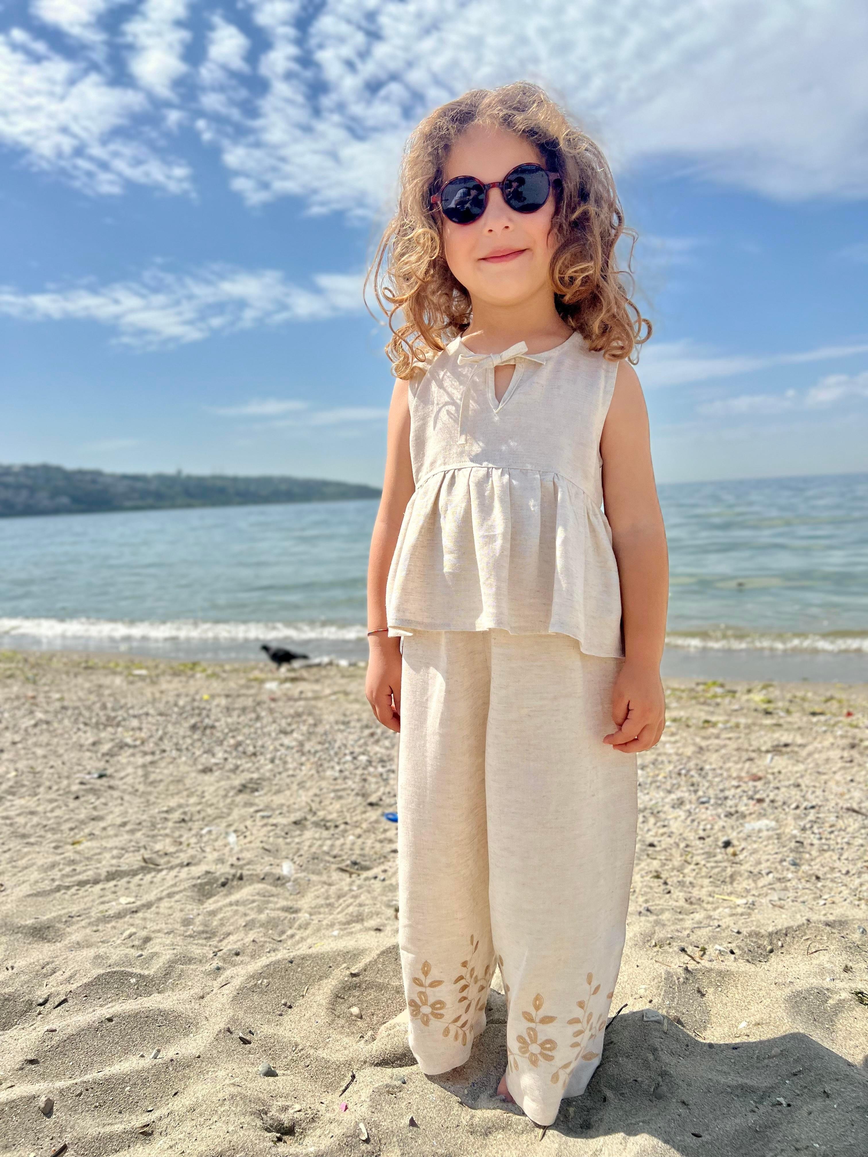 CigitPaçaları Nakışlı Keten Takım 2-7 Yaş NATUREL