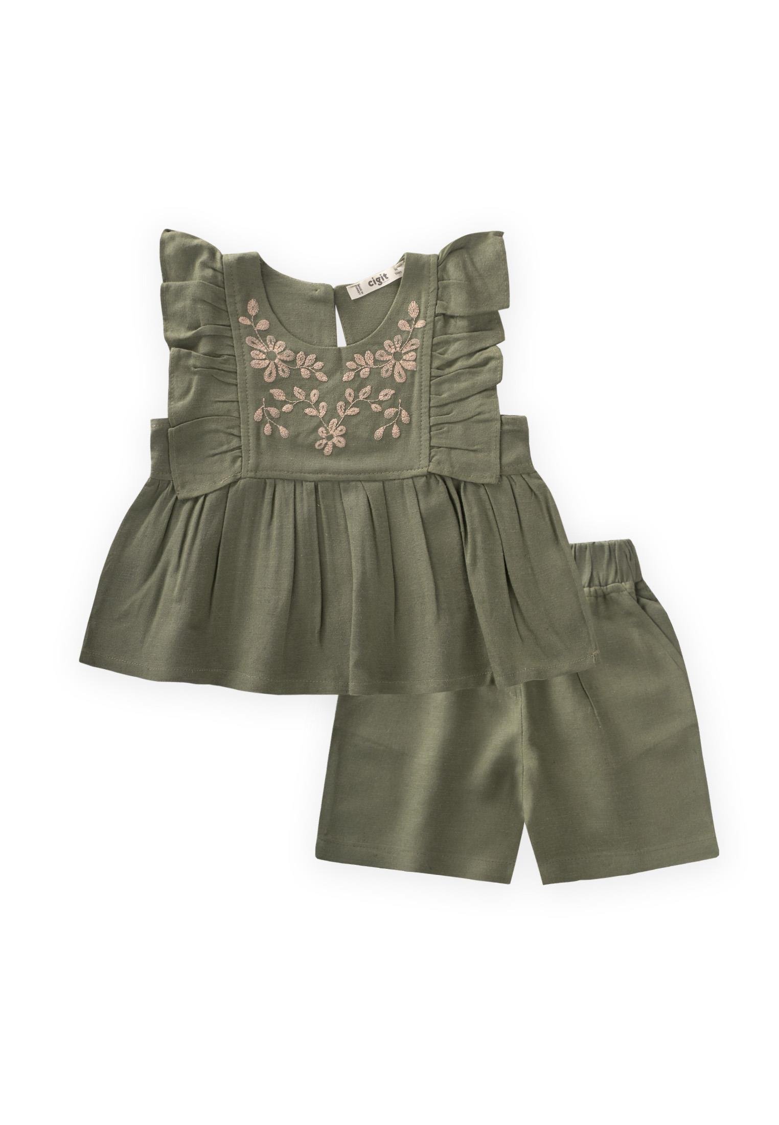 CigitRobası Nakışlı Şortlu Keten Takım 2-7 Yaş HAKİ YEŞİL