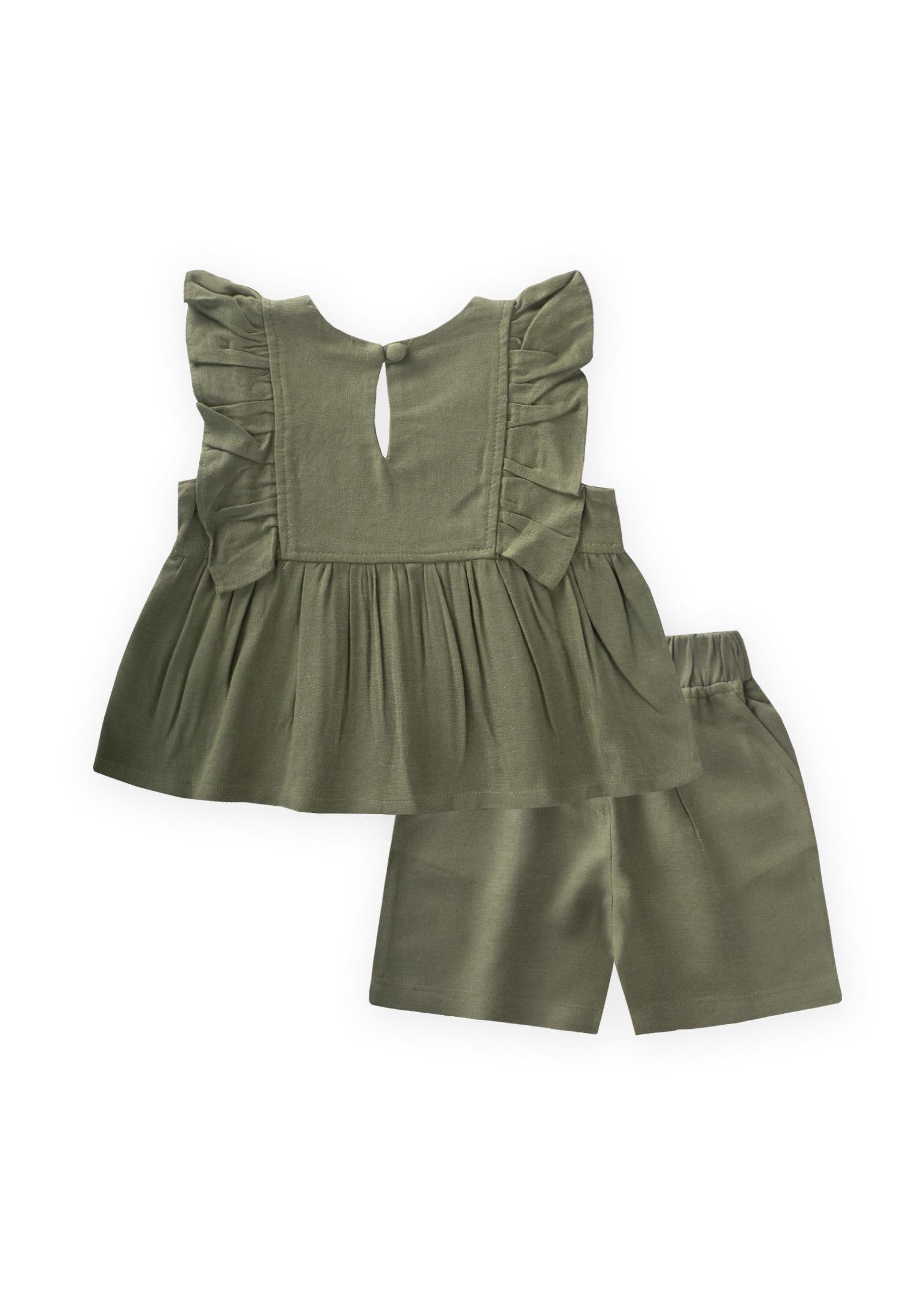 CigitRobası Nakışlı Şortlu Keten Takım 2-7 Yaş HAKİ YEŞİL