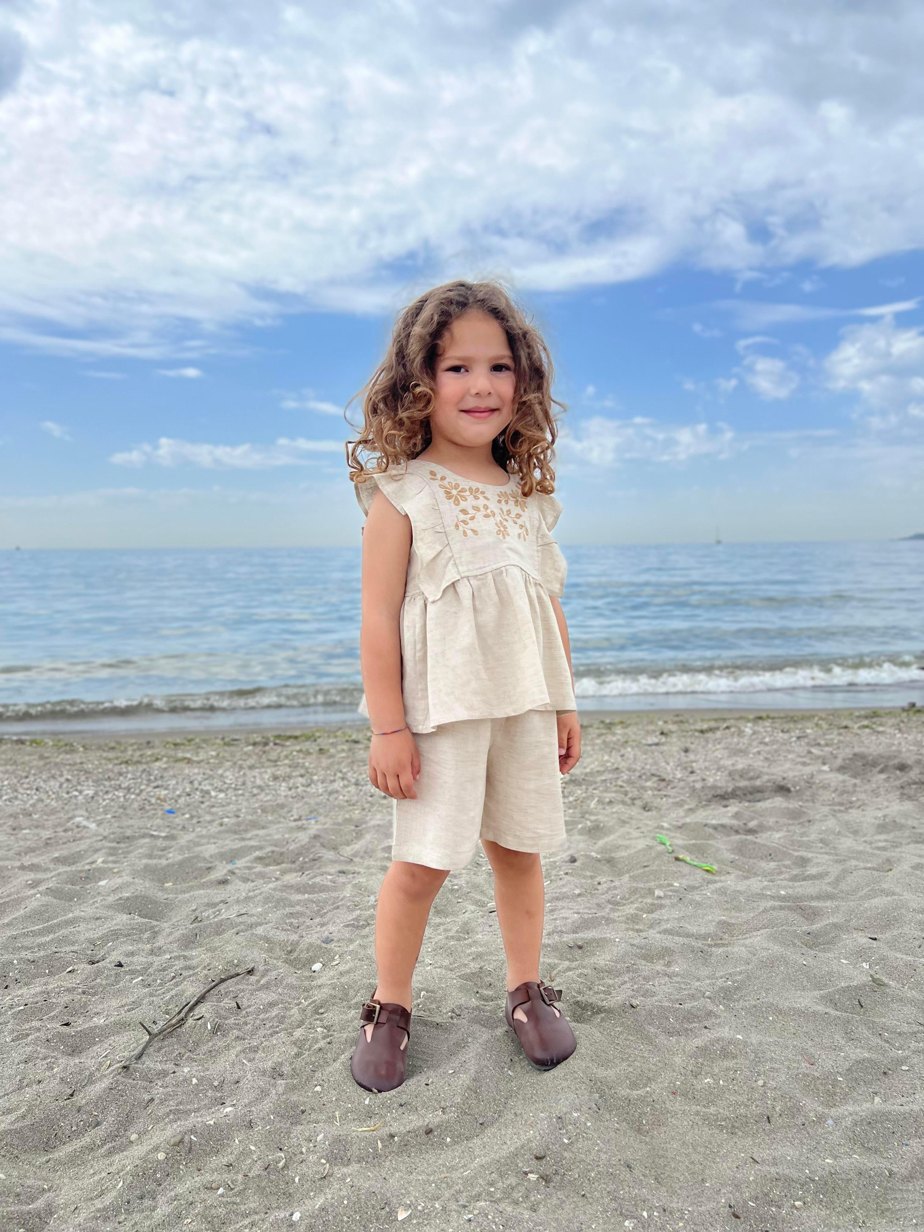 CigitRobası Nakışlı Şortlu Keten Takım 2-7 Yaş NATUREL