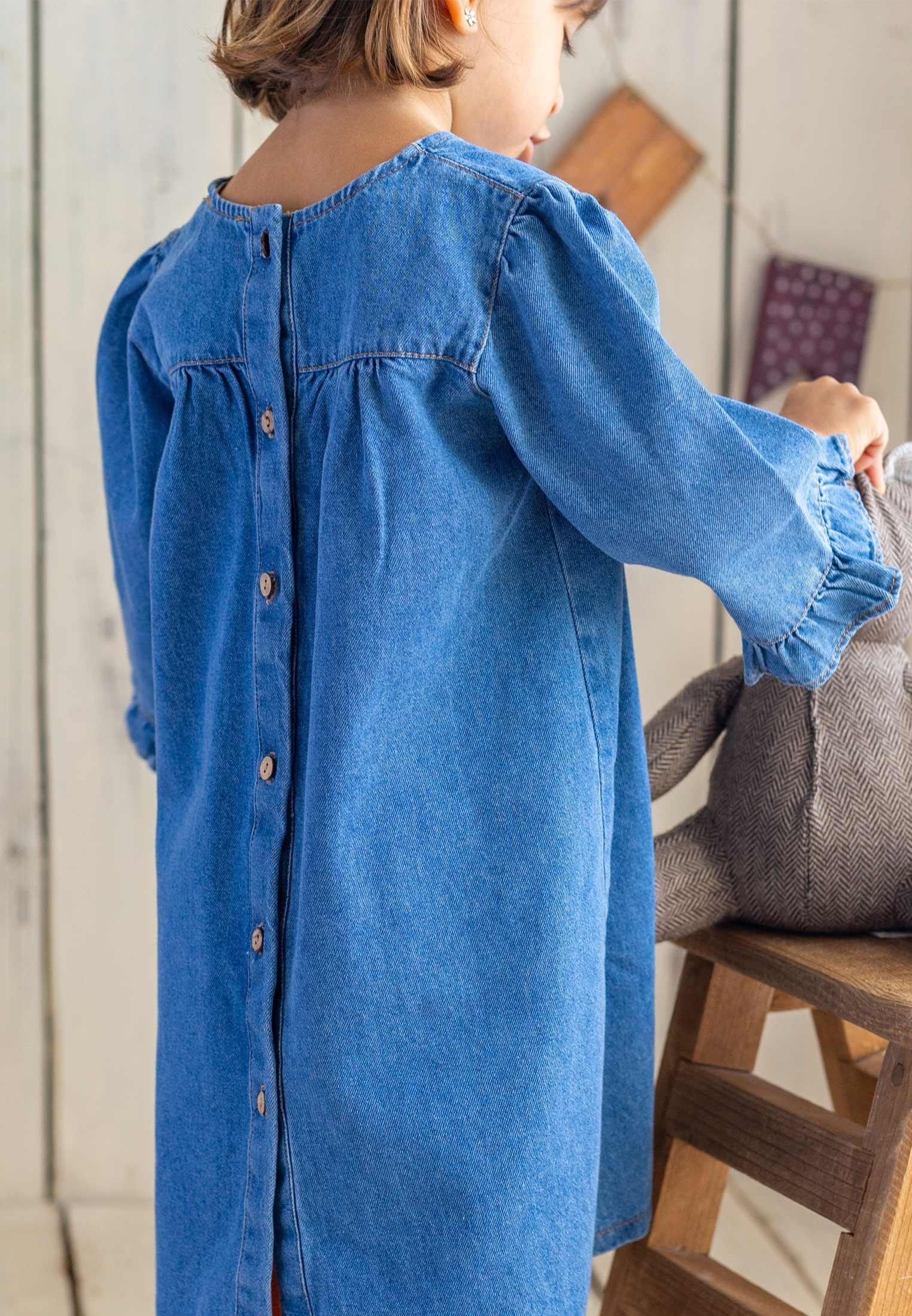 CigitArkadan Düğmeli Kot Elbise 2-7 Yaş MAVİ