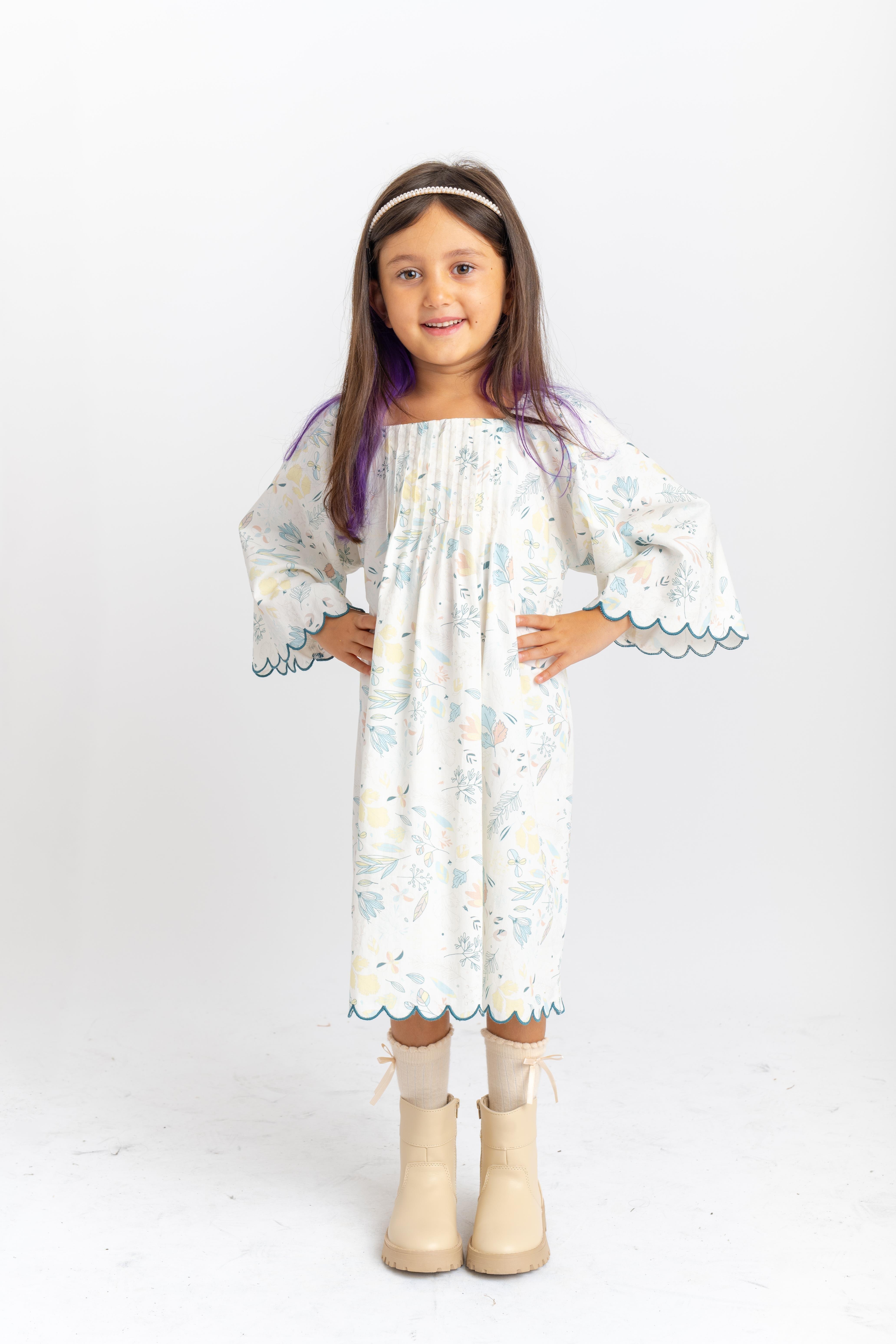 CigitDilim Nakışlı Poplin Elbise 2-7 Yaş EKRU DESENLİ