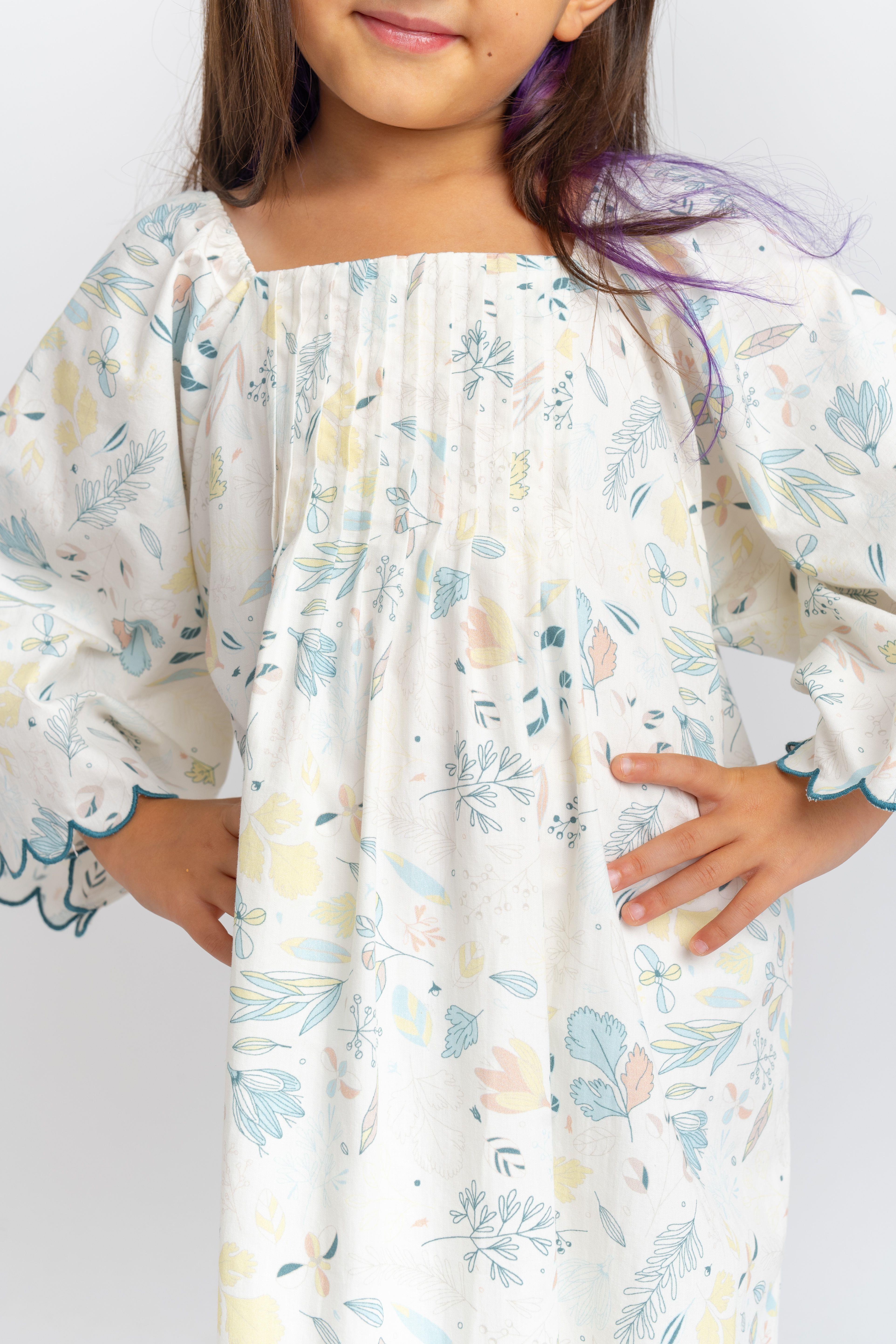 CigitDilim Nakışlı Poplin Elbise 2-7 Yaş EKRU DESENLİ