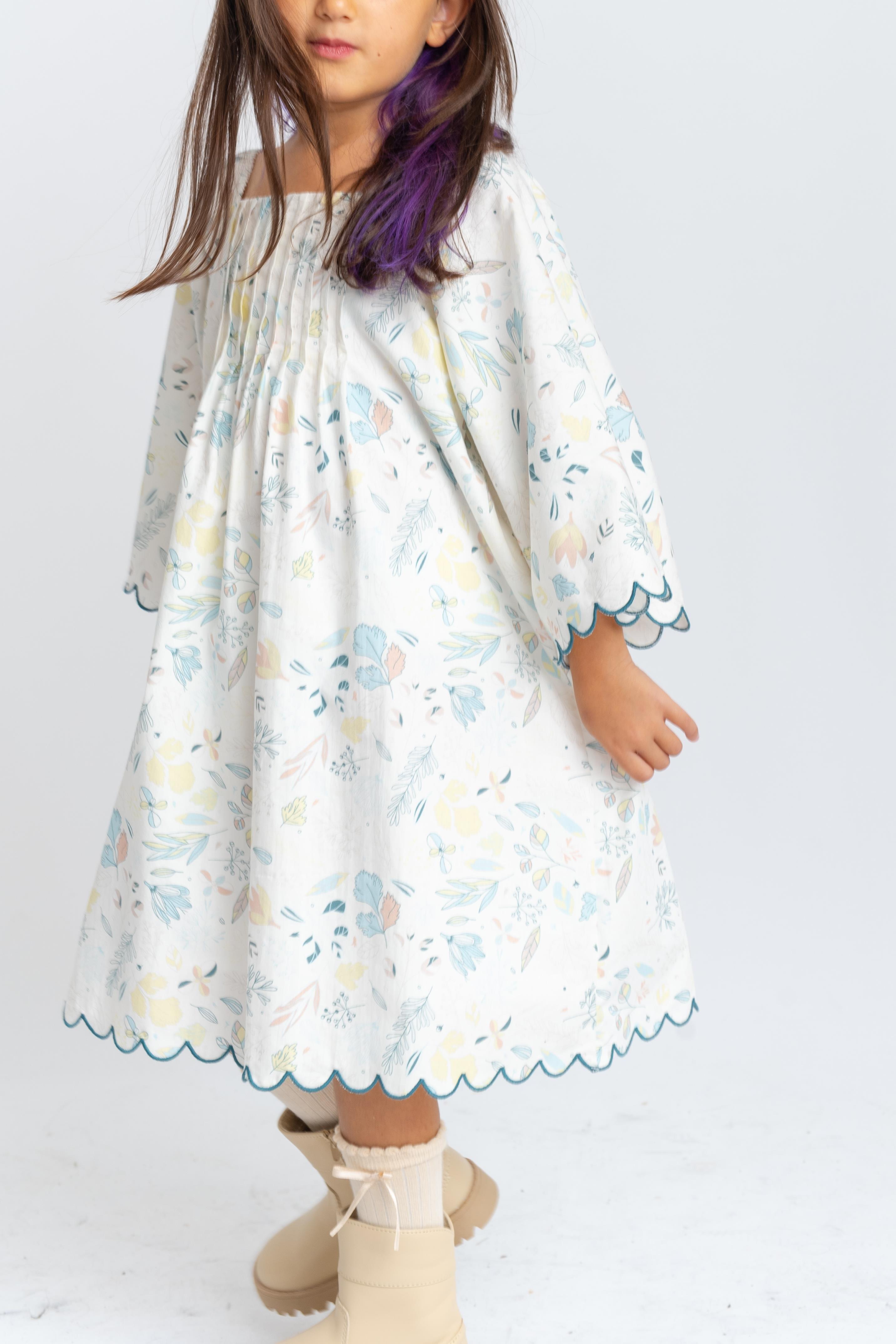 CigitDilim Nakışlı Poplin Elbise 2-7 Yaş EKRU DESENLİ